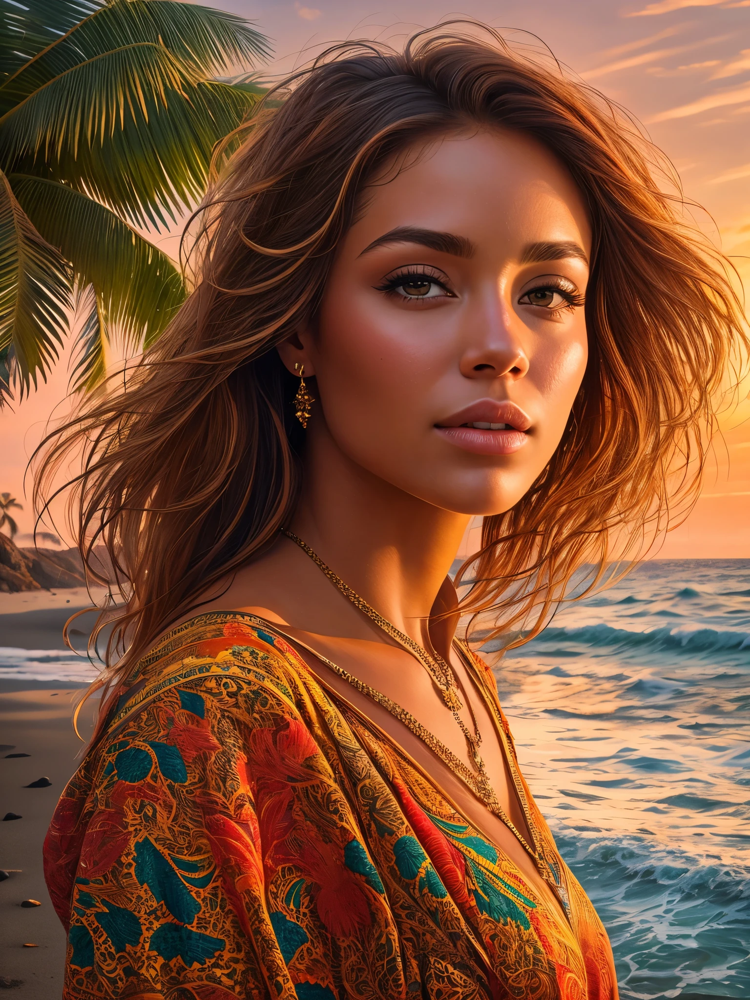 A stunning portrait of a beautiful woman, capturing every detail in high-resolution and ultra-detailed realistic style. Her lifelike colors radiate a vibrant palette, reflecting the warm hues of a glowing sunset over a tranquil beach scene. The photorealistic image showcases the intricacies of her features, bringing out the true textures of her skin under the HDRI lighting. The professional composition utilizes both sharp focus and bokeh, perfectly balancing the depth of the scene and highlighting the physical beauty of the subject. Set against the backdrop of crashing waves and lush palm trees, this image is a true masterpiece of physically-based rendering, beautifully