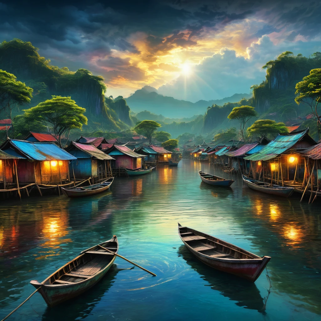 silent cinematic At the end of the dry season, 1girl, on boats in the water, with hyperrealistic fishing village landscape style, indonesian landscape, dramatic sky, digital paintings and drawings, emotional, harmonious, sketches, 4k epic details, taken with kodak, 35mm photo, sharp focus, high budget, cinemascope, moody, epic, beautiful, film grain, grainy, In late summer boats in the water, in hyperrealistic cityscape style, indonesia landscape, dramatic sky, digital paintings and drawings, majestic harbor, mix of Josephine Wall and Andy Kehoe, cinematic, epic, highly detailed, exquisite, trendy, sharp focus, intricate detail, colorful, exquisite, elegant, colorful, artistic