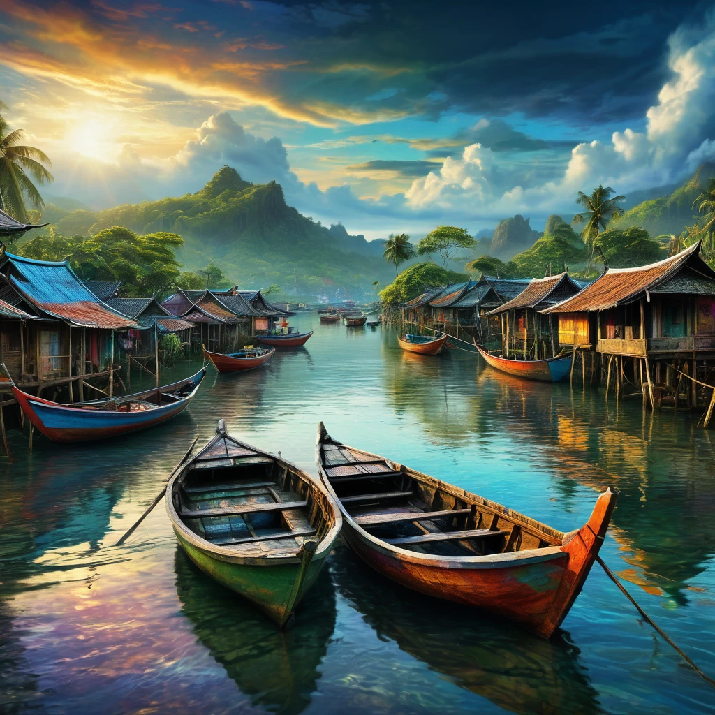silent cinematic At the end of the dry season, 1girl, on boats in the water, with hyperrealistic fishing village landscape style, indonesian landscape, dramatic sky, digital paintings and drawings, emotional, harmonious, sketches, 4k epic details, taken with kodak, 35mm photo, sharp focus, high budget, cinemascope, moody, epic, beautiful, film grain, grainy, In late summer boats in the water, in hyperrealistic cityscape style, indonesia landscape, dramatic sky, digital paintings and drawings, majestic harbor, mix of Josephine Wall and Andy Kehoe, cinematic, epic, highly detailed, exquisite, trendy, sharp focus, intricate detail, colorful, exquisite, elegant, colorful, artistic