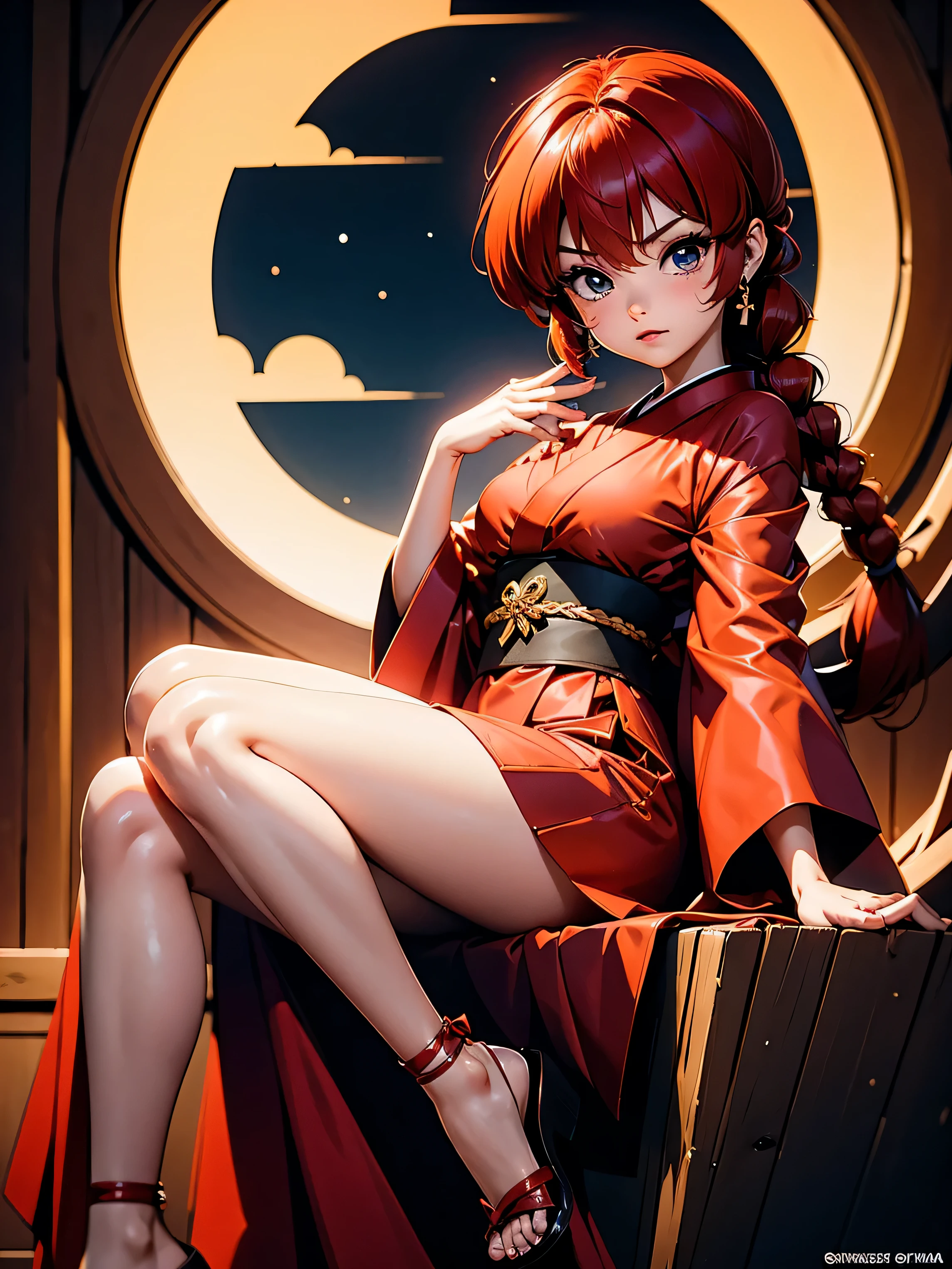 Garota anime ruiva com ears fix e vestindo kimono vermelho, *******, corpo bonito, seios grandes, with hands behind head, running your hands through your hair, Garota sexy, red short hair with braid, mechas de cabelo laterais, mechas de cabelo na lateral do rosto, beautiful lighting, sombras suaves, olhos azuis, pernas bonitas, short hair with braid, estilo anime, Ranma Chan, Autora Rumiko Takahashi, Baseado em obra de Rumiko Takahashi, Anime Ranma 1/ 2, decote sexy, quadril robusto, corpo inteiro, corpo inteiro, busto grande, garota jovem com orelhas de raposa, corpo belo e bonito, sandals on his feet, garota ******* jovem baixa estatura, usando kimono vermelho, garota anime, estilo anime, beautiful feet in sandals, front view angle, ao ar livre, red hair braid, ears fox, postura ereta, olhos grandes, quimono red