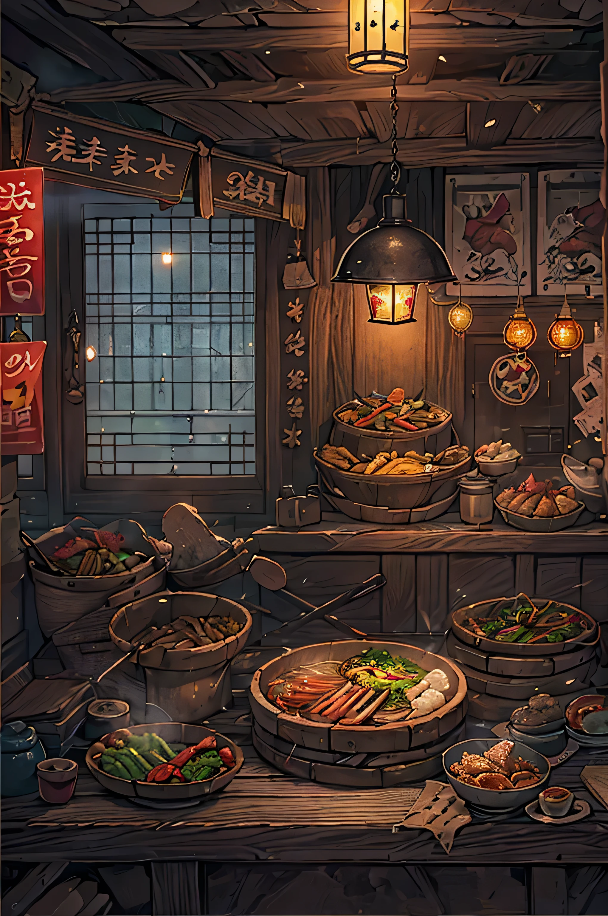 (masterpiece), best quality, very detailed, fantasy art, Oriental traditional restaurant, Korean traditional restaurant atmosphere, Indoor food stall atmosphere, Old atmosphere from the 1600s, Shown only as background, no people, Lighting in a dark atmosphere in the middle of the night,