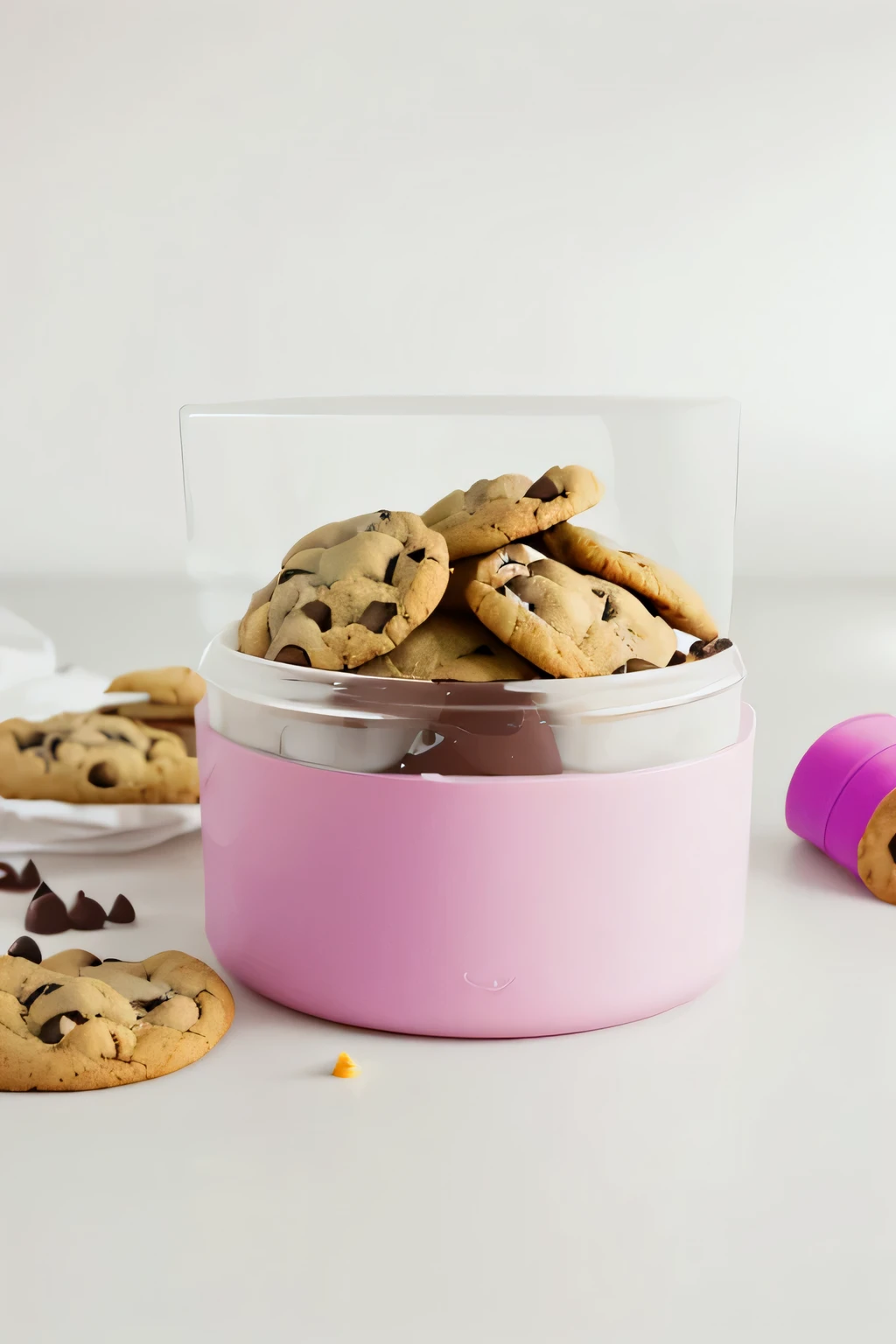 A pink snack container with the words "Snack Swell" filled with mountains of chocolate chip cookies. The container is placed on a table with a white brick wall background. There are several cookies and chocolate chips scattered around the container, and a glass of white milk can be seen behind it. I will try to create a picture based on this description.