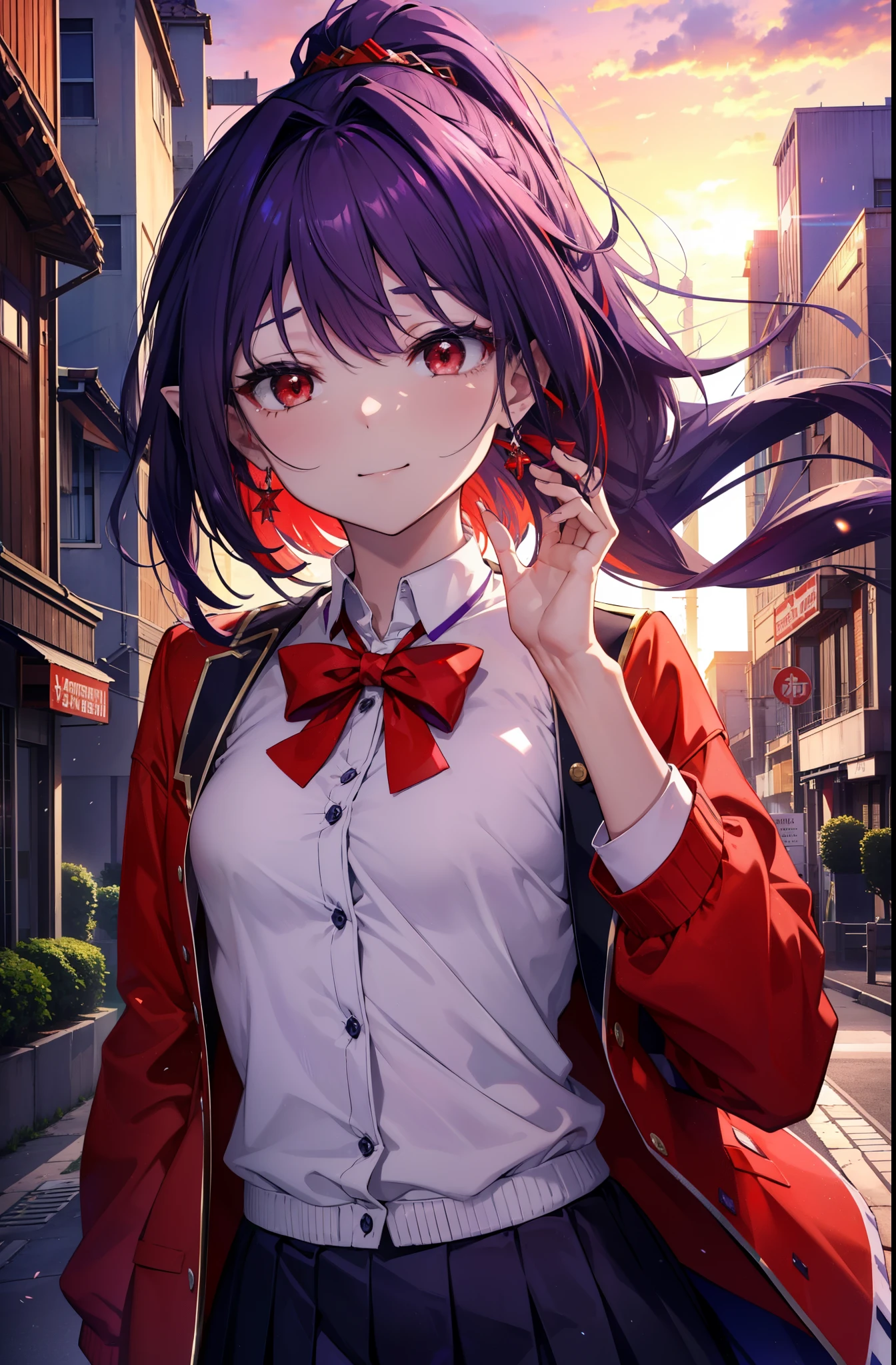 yuukikonno, Yuki Konno, hair band, long hair, pointed ears, purple hair, short braided hair,ponytail,(red eyes:1.5), (small breasts:1.2), happy smile, smile, open your mouth,White Y-shirt,purple blazer,Red cardigan,Purple pleated skirt,white knee socks,evening,sunset,下校中
break looking at viewer, Upper body, full body,
break outdoors, In town,building street,
break (masterpiece:1.2), highest quality, High resolution, unity 8k wallpaper, (figure:0.8), (detailed and beautiful eyes:1.6), highly detailed face, perfect lighting, Very detailed CG, (perfect hands, perfect anatomy),