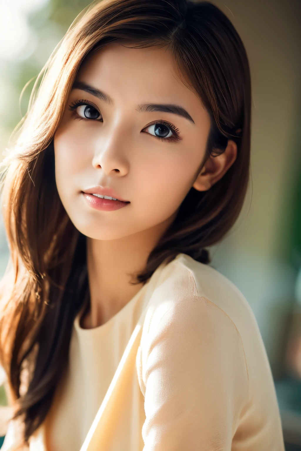 masterpiece, Best Quality, 8K, 1girl, Correct human hands, correct human fingers, Skinny Japanese woman, Cute, Girly, Delicate woman, Neat and clean beauty, small breast, very thin waist, sexy lips, luminescence, Looking away, Raw photo, F/1.8, 135 mm, CANON, Anatomically correct, bokeh,Textured skin, Professional Photography, Soft light, Professional Lighting, back light, Film grain, (Eyes and faces with detailed:1.0), brown hair, medium hair swaying in the wind, Silk Blouse,
