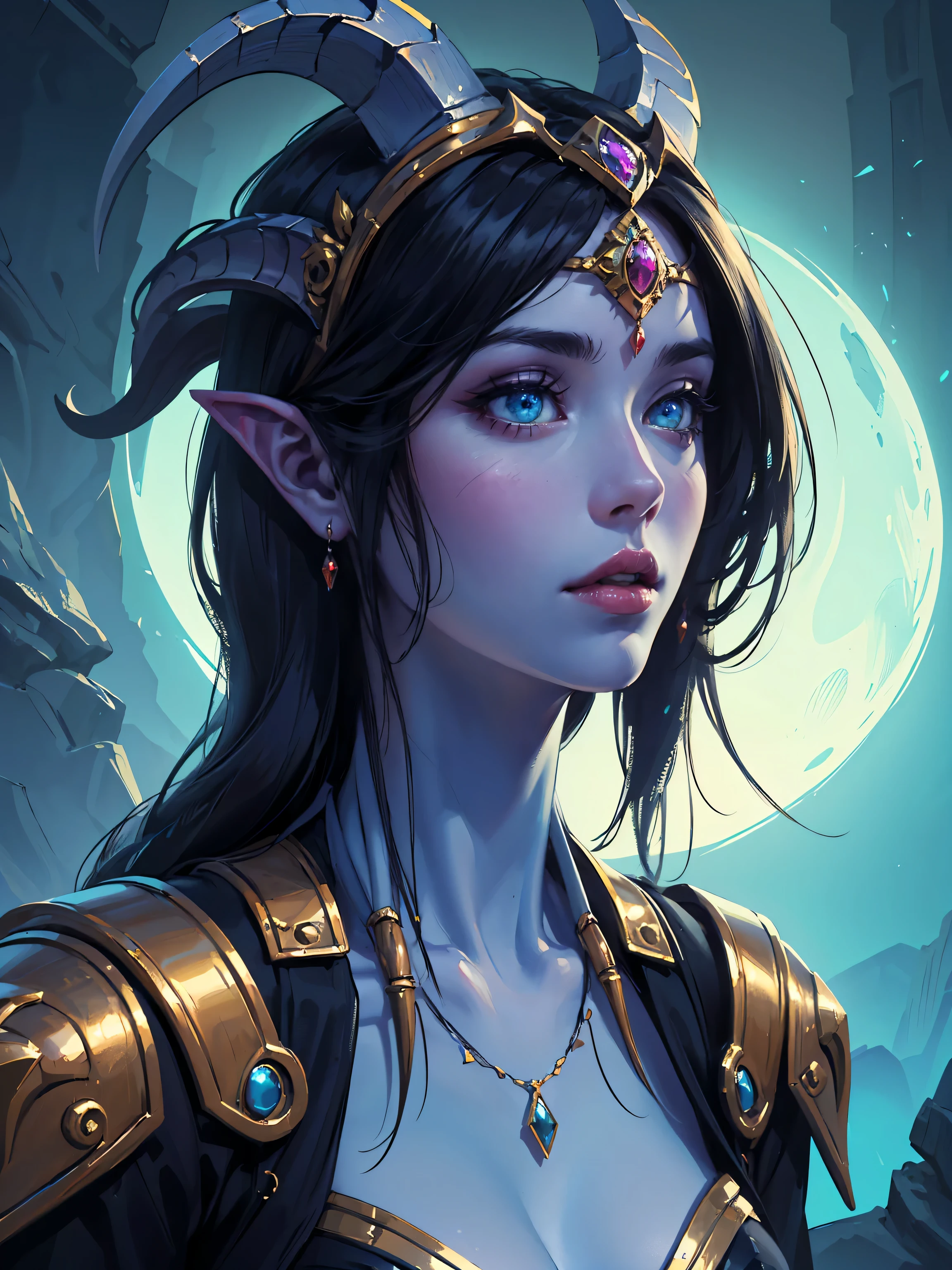 (best quality,4k,8k,highres,masterpiece:1.2),ultra-detailed,realistic,portrait,fantasy art,painting,Draenei girl,blue skin,detailed facial features,beautiful eyes and lips,fine brushstrokes,shimmering jewelry and armor,elaborate headpiece,mystical background,ethereal atmosphere,vivid colors,soft lighting