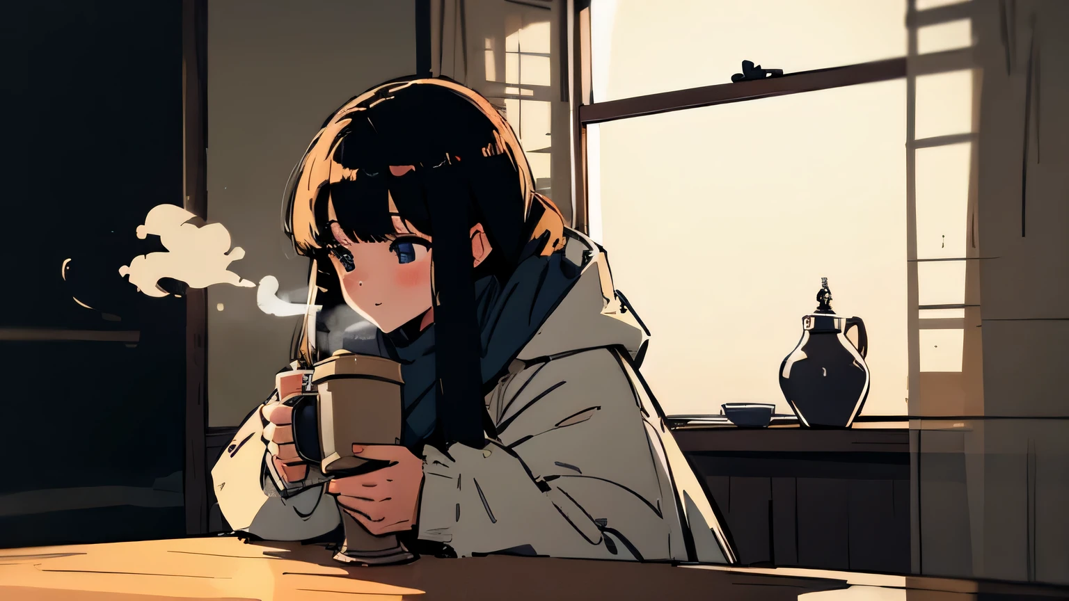 20 year old dark-haired woman、be calm、Gentle light、black background、coffee、head shot、lo-fi illustration、a relaxing sight、in a warm room、scarf、hoodie、steam from hot drinks、I feel safe、smile