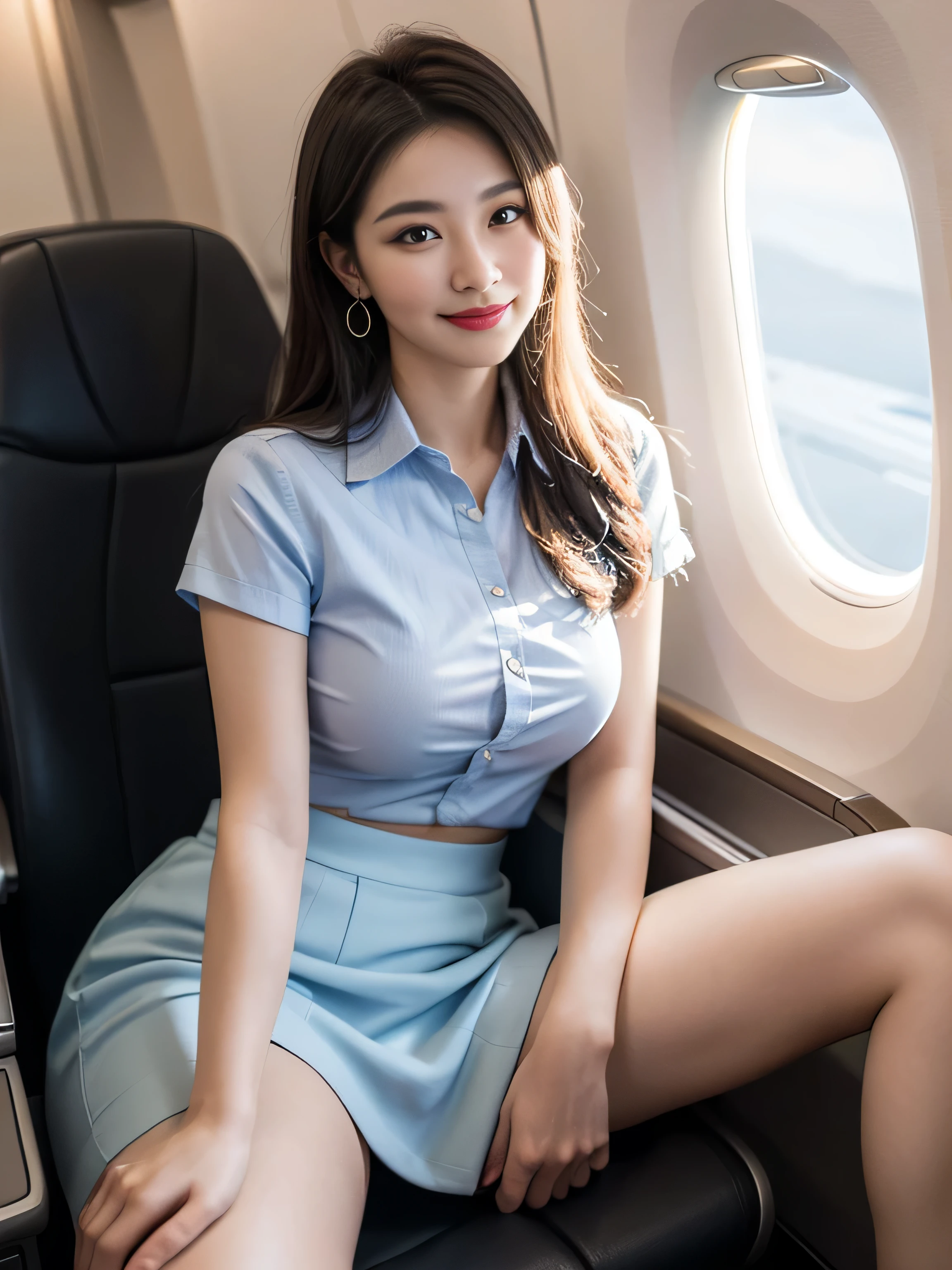 (master piece:1.2), (8K high resolution), (highest quality), (It's photorealistic:1.37)、Big eyes、long eyelashes、(Live-action realistic style)、ultimate face、Photorealistic light and shadow、distinct facial features、shiny skin、High definition skin、realistic skin details, (super detail)、short hair、(flowing hair)、best portrait、((Photographed from a great distance))、beautiful detailed eyes、Beautiful detail nose、High definition skin、(Beautiful face with double eyelids)、(realism:1.4)、(full body image)、excellent detail、ultra high resolution、red lips、earrings、delicate and beautiful face、、30 year old adult Korean woman、(beautiful face 1.4)、(Make eye contact with your audience, Smiling at the viewer with mouth closed)、((Shot on an airplane, The inside of the plane is very bright)),(Wearing a flight attendant uniform、Flight attendant uniform colors are random, navel exposed shirt blouse, The valley is slightly visible)、Very beautiful stewardess、(sitting with legs spread)、Very beautiful figure , sitting with legs spread, I like spreading my legs, Spread your legs, (I'm wearing a light blue skirt, I like to show the viewer my legs spread.,Raise one knee and open your legs),