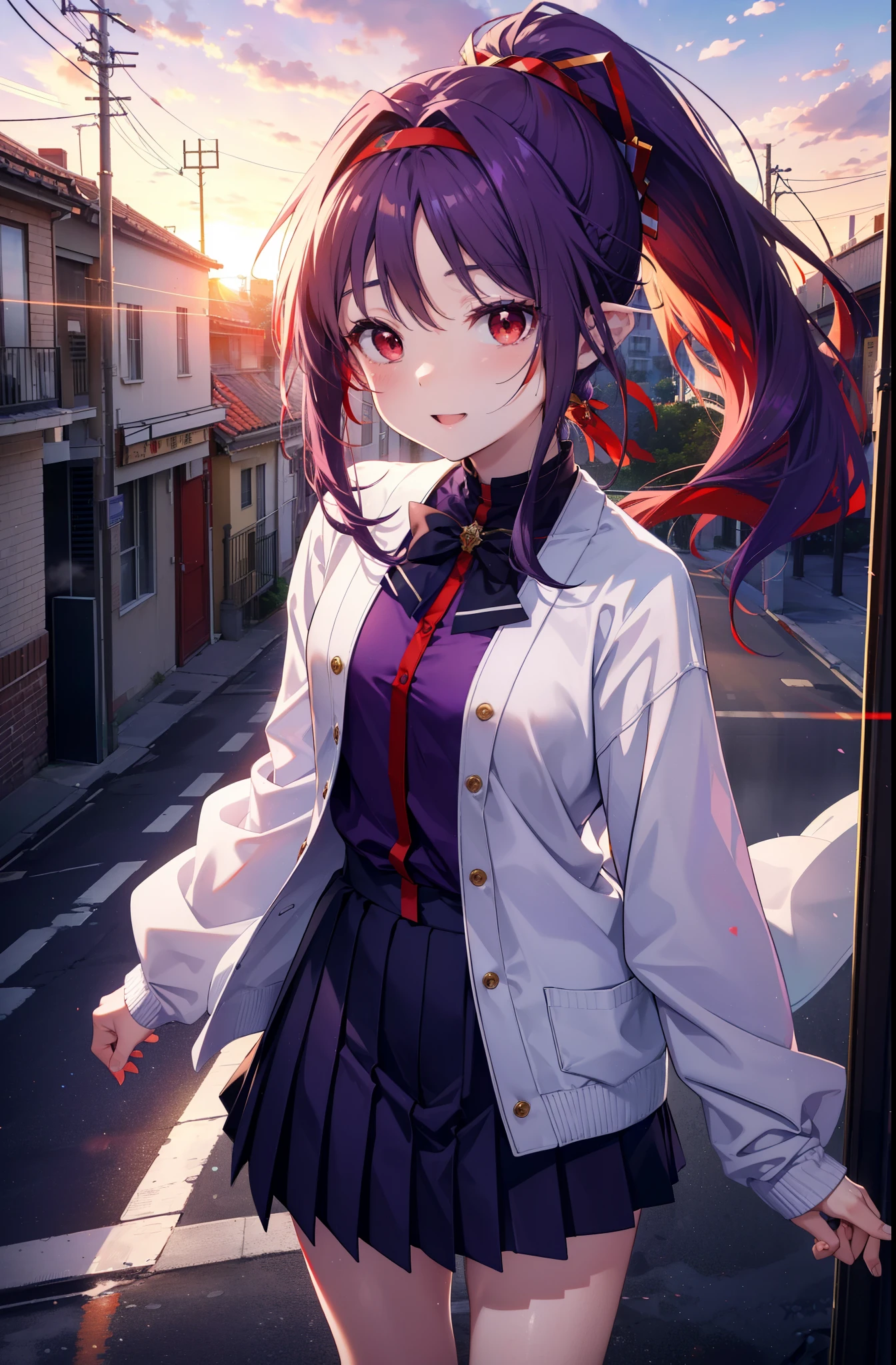yuukikonno, Yuki Konno, hair band, long hair, pointed ears, purple hair, short braided hair,ponytail,(red eyes:1.5), (small breasts:1.2), happy smile, smile, open your mouth,White Y-shirt,purple blazer,Red cardigan,Purple pleated skirt,white knee socks,evening,sunset,下校中
break looking at viewer, Upper body, full body,
break outdoors, In town,building street,
break (masterpiece:1.2), highest quality, High resolution, unity 8k wallpaper, (figure:0.8), (detailed and beautiful eyes:1.6), highly detailed face, perfect lighting, Very detailed CG, (perfect hands, perfect anatomy),