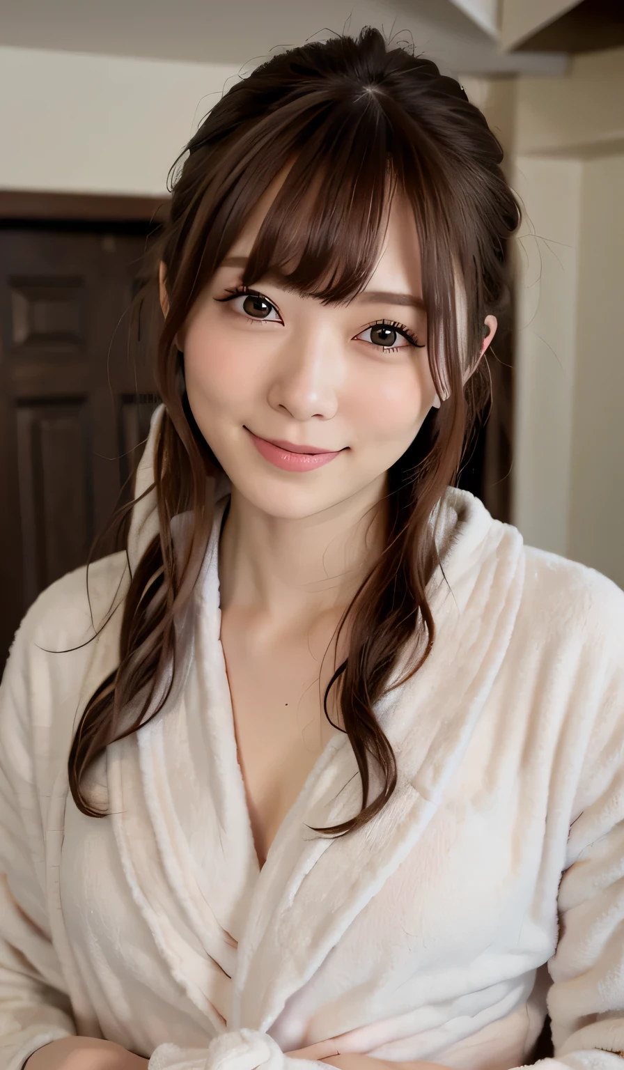 1 girl, beautiful, cute, professional lighting, highest quality,well-groomed face,(Bathrobe:1.5),long hair, clear, beautiful,(close_up:1.3)