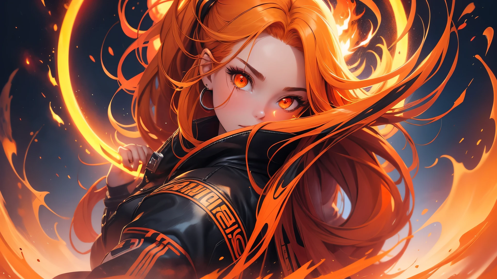 a 16 years old girl, (blonde hair gradient orange hair end:1.4), (streaked bright red hair:1.6), split long ponytail, hair strand, floating hair, (two huge red bells tied to ponytail), (Illusion red eyes), pupils sparkling, aqua eyes, ((glowing eyes)), like real eyes, orange red eyebrows, red lips, red crystal earrings, red envelope jacket, Red nails, (Red katana), (((floating flame on katana))), (absurdly super huge flame burning ring stand upright floating on the back:1.5), (((Floating in the sky of the city))), (((Floating on the clouds))), Random pose, magic circle halo, Colored grain swirl around the body, burning flame around the body, Focus on face, Futurism, anime, sparkle, ray tracing, reflection light, god rays, backlighting, (glowing light), Ultra-Wide Angle, chiaroscuro, UHD, masterpiece, super detail, best quality, highres, ccurate, retina