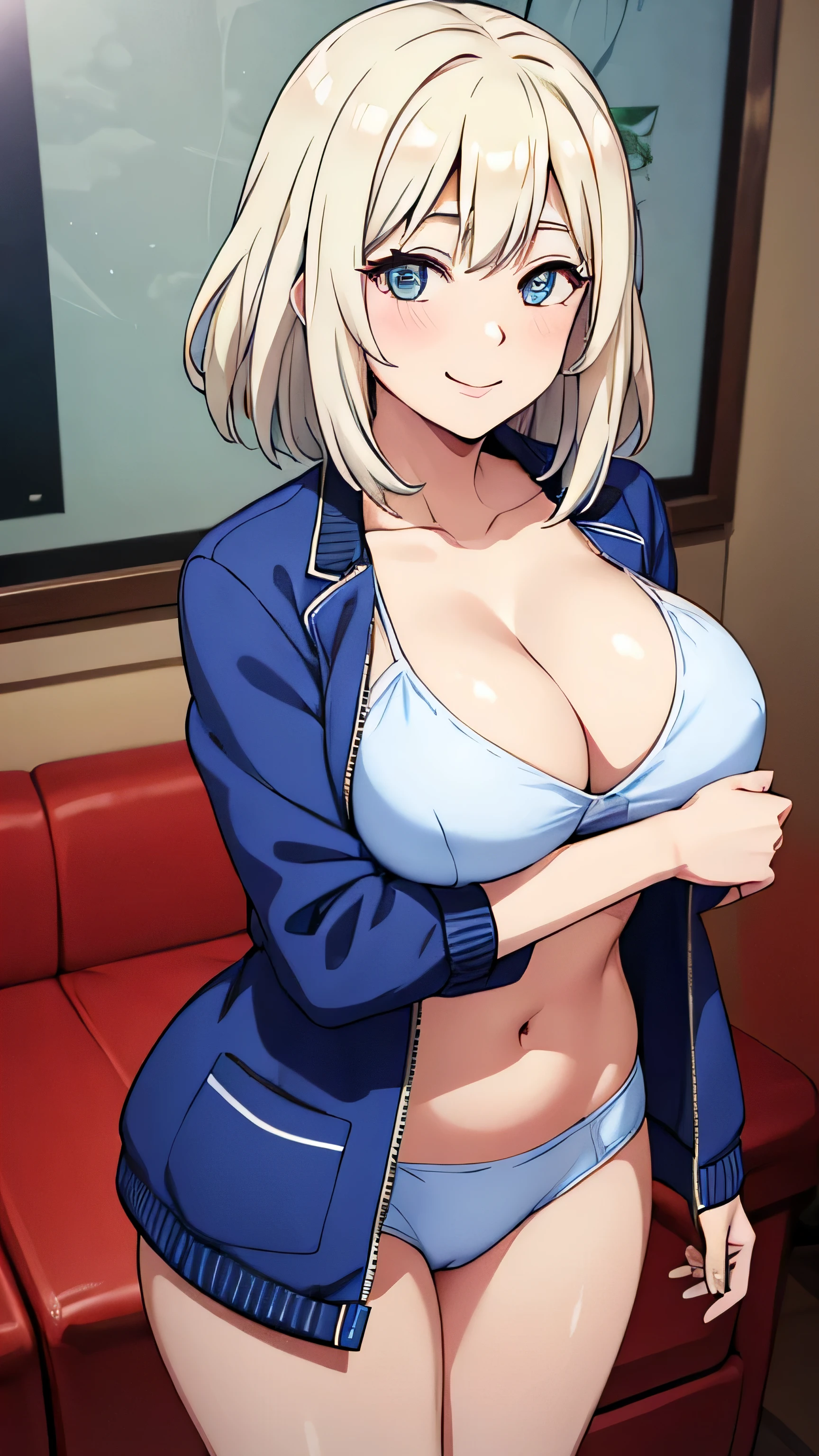 (((masterpiece))),fuyumi itadori, Anime girl characters, 1girl, solo, looking at viewer, medium hair,Her hair is white graded with BLUE ,orange eyes, long sleeves, cleavage, bigger breasts, clsed mouth, smile,collarbone, jacket, open clothes, open jacket, blue jacket, ground vehicle, sports bra, tall girl, horny, big ass, beautiful face,Charming, Tight-fitting clothing, hd picture, 4k quality, details of the face is so good,uhd picture, smile face, Flirting,All bodies visible, Standing pose,stand, Japanese face, anime style picture,