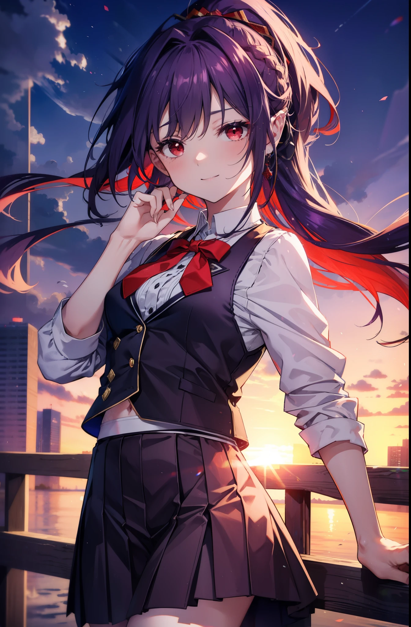yuukikonno, Yuki Konno, hair band, long hair, pointed ears, purple hair, short braided hair,ponytail,(red eyes:1.5), (small breasts:1.2), happy smile, smile, open your mouth,White Y-shirt,purple blazer,Purple pleated skirt,white knee socks,evening,sunset,下校中
break looking at viewer, Upper body, full body,
break outdoors, In town,building street,
break (masterpiece:1.2), highest quality, High resolution, unity 8k wallpaper, (figure:0.8), (detailed and beautiful eyes:1.6), highly detailed face, perfect lighting, Very detailed CG, (perfect hands, perfect anatomy),