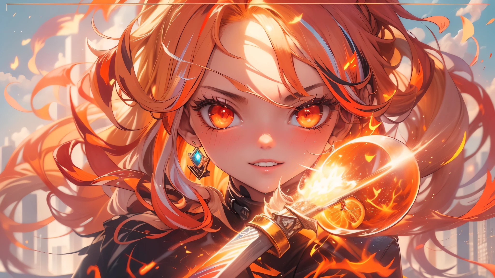 a 16 years old girl, (blonde hair gradient orange hair end:1.4), (streaked bright red hair:1.6), split long ponytail, hair strand, floating hair, (two huge red bells tied to ponytail), (Illusion red eyes), pupils sparkling, aqua eyes, ((glowing eyes)), like real eyes, orange red eyebrows, red lips, red crystal earrings, red envelope jacket, Red nails, (Red katana), (((floating flame on katana))), (absurdly super huge flame burning ring stand upright floating on the back:1.5), (((Floating in the sky of the city))), (((Floating on the clouds))), Random pose, magic circle halo, Colored grain swirl around the body, burning flame around the body, Focus on face, Futurism, anime, sparkle, ray tracing, reflection light, god rays, backlighting, (glowing light), Ultra-Wide Angle, chiaroscuro, UHD, masterpiece, super detail, best quality, highres, ccurate, retina