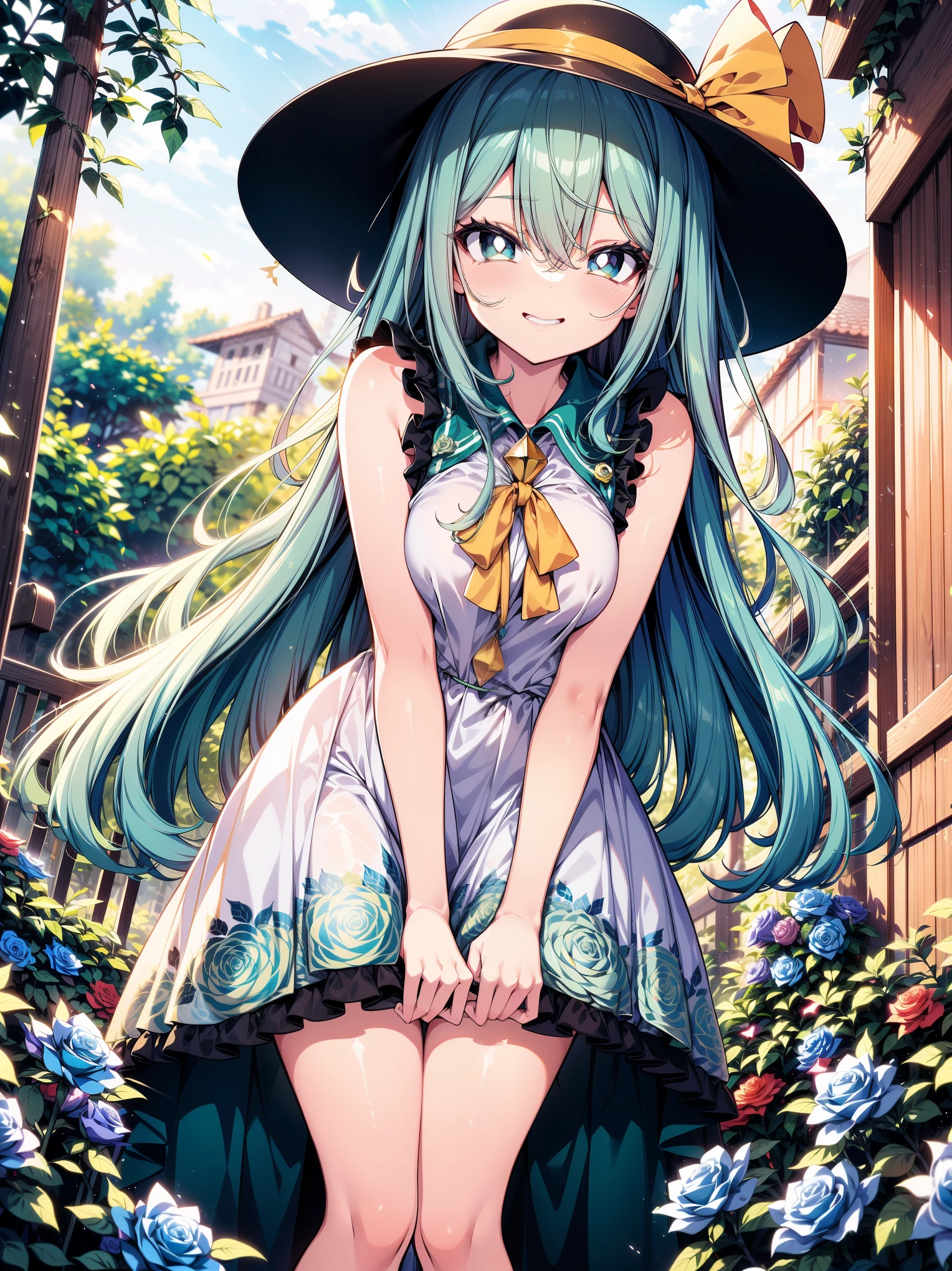 (masterpiece), (colorful), (ultra-high resolution, depth of field:1.2), looking at viewer, (komeiji koishi:1.1), (1woman), adult, Touhou project, medium breasts, (dark green eyes), white pupils, glowing eyes, green hair, wavy hair, (long hair), yellow ribbon, ponytail, (wearing a white summer dress:1.2). A closed blue-purplish "third eye" is positioned over her heart, with cords wrapped around her torso and attached to each of her ankles, (blue roses in the background), garden scenery, grinning, (squinting eyes), slightly leaning forward