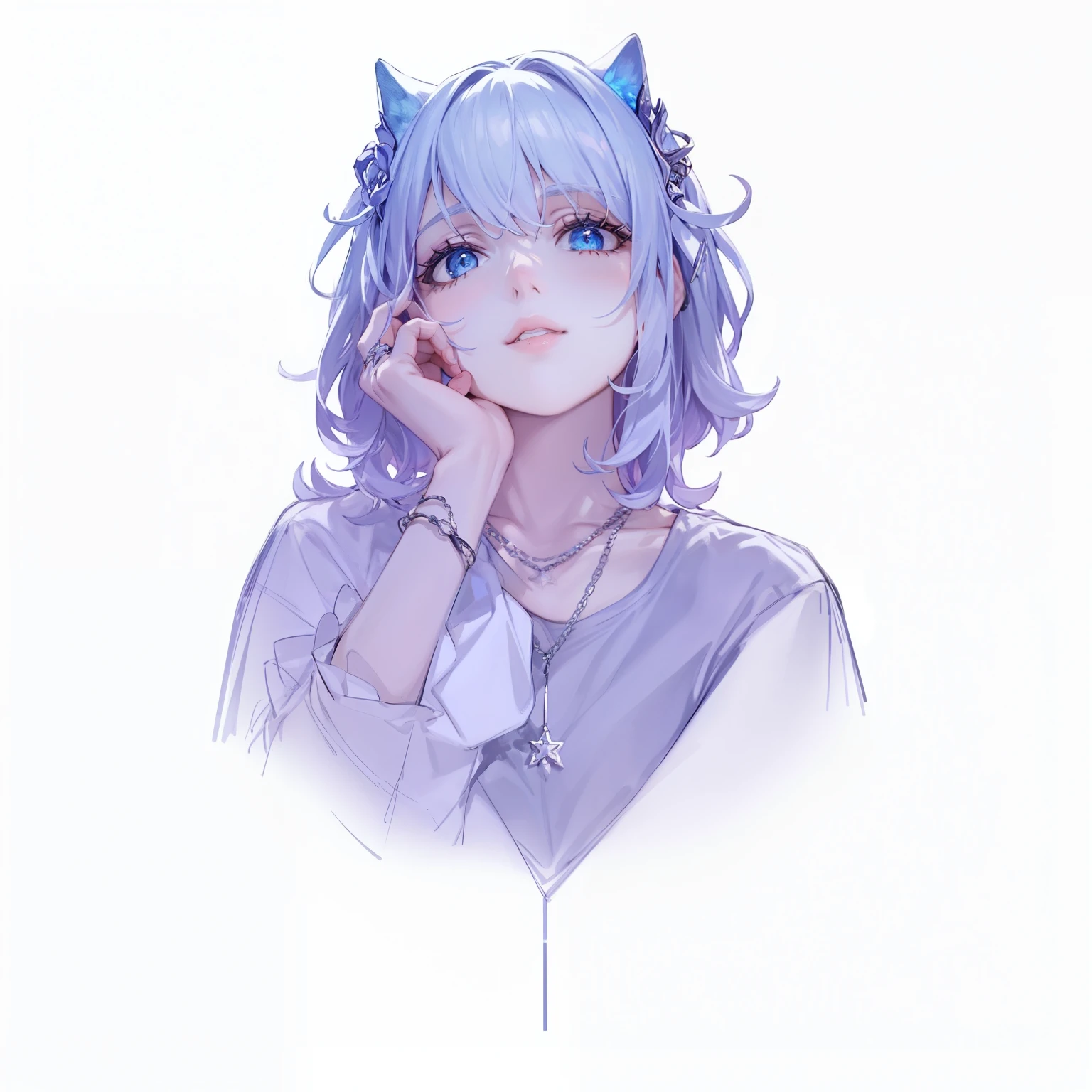 there is a drawing of a woman with a small horns on her head, semi-realistic, inspired by wlop, anime style portrait, she holds her arm in front of her face, she have a short wolf cut hairstyle based on the reference, some purple and blue, her bangs are cyan blue colored.(Masterpiece:1.3), (8K, Photorealistic, RAW photo, Best quality: 1.4), (1girll), A beautiful and seductive face, (Realistic face), (Short hair:1.3), messy wolf cut hairstyle，photorealistic eye，Nice detail cyan blue eyes，（Realistic blue light purple skin），Beautiful skins，（black knitted sweater)，ultra high resolution，Ultra semi realsisim, Wlop art style. She have a necklace with moon and stars pendants.
