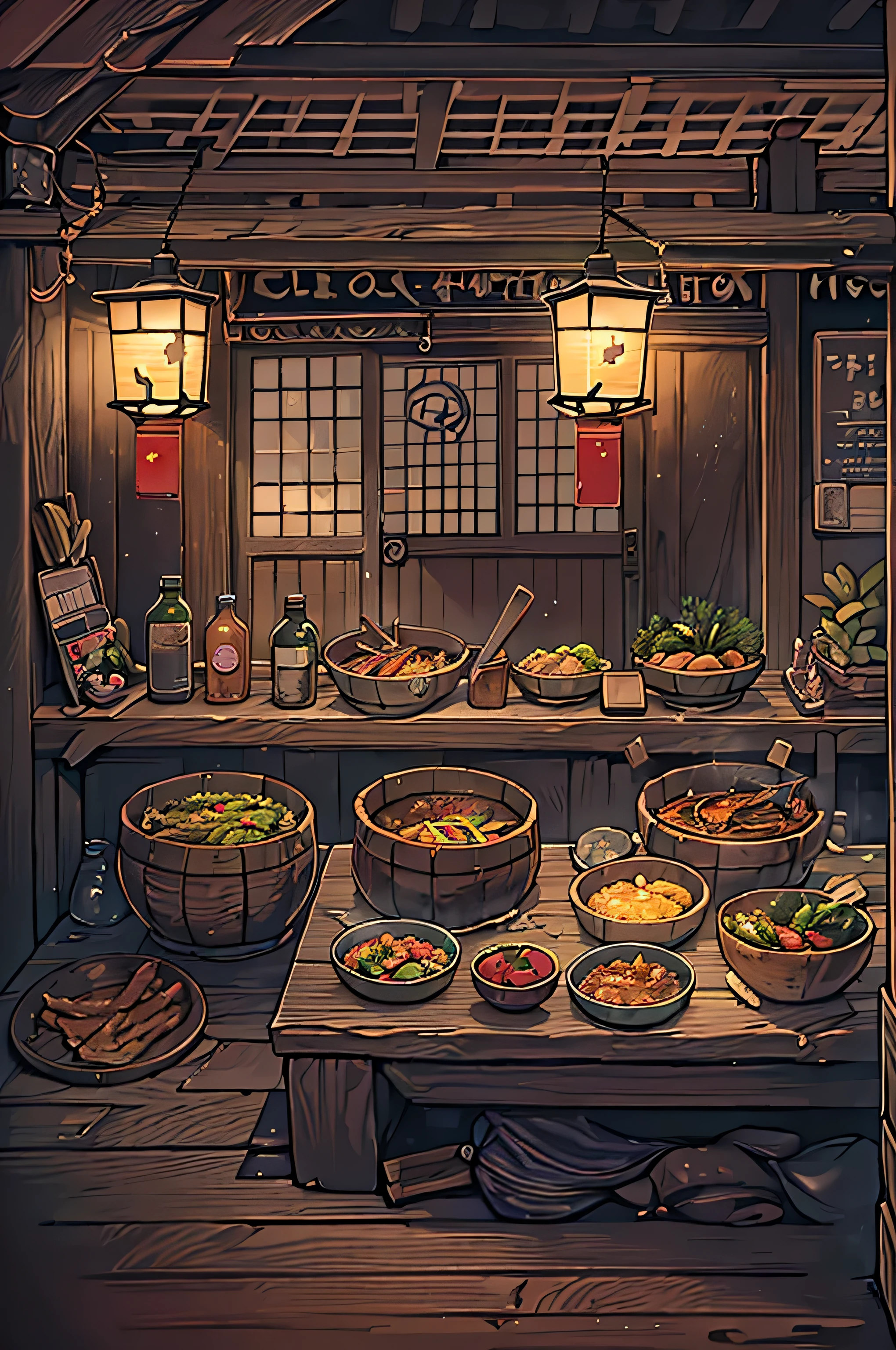 (masterpiece), best quality, very detailed, fantasy art, Oriental traditional restaurant, Korean traditional restaurant atmosphere, Indoor food stall atmosphere, Old atmosphere from the 1600s, Shown only as background, no people, Lighting in a dark atmosphere in the middle of the night,