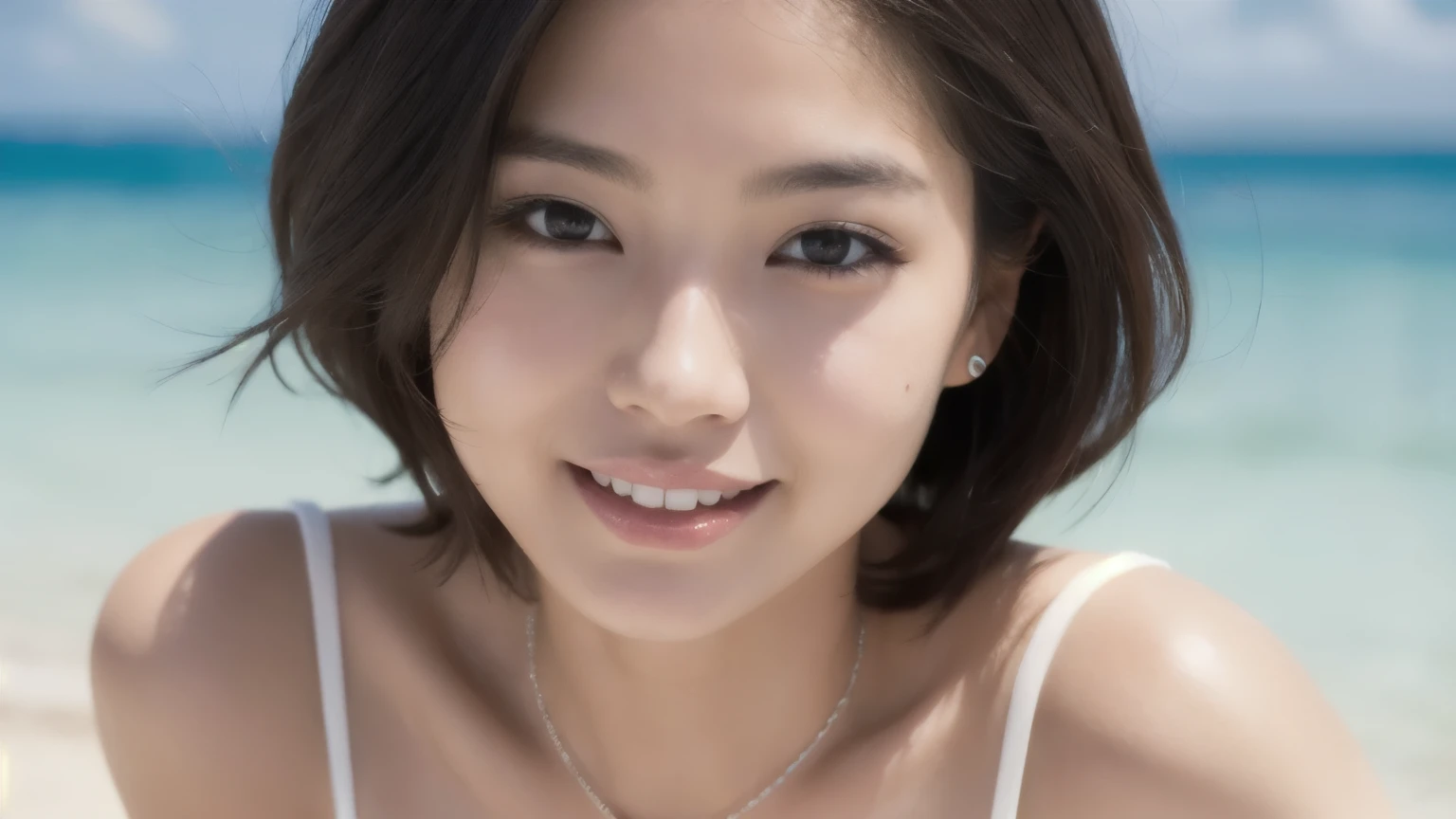 masterpiece, highest quality, alone, 1 girl, glowing skin, glamorous, quirky details, bob hair, fascinating, White Bikini Swimsuit, shallow depth of field, contrasting, Professional models, facing the front, smile gently、portrait, Blurred background of a private beach