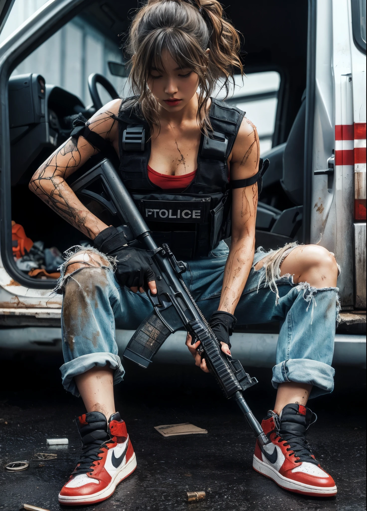 ８K,realistic photo、realistic skin texture、Beautiful Japanese women living in America、big parking lot、、dirty shirt and jeans、black and red nike air jordan1 sneakers、bulletproof vest、automatic rifle、short cut hair、urban warfare、involved in an incident、Counterattack begins、It is dirty、moving action pose、、Dramatic and bold composition、Half body、muscle、Zoom out、fiction、Bird&#39;s-eye view