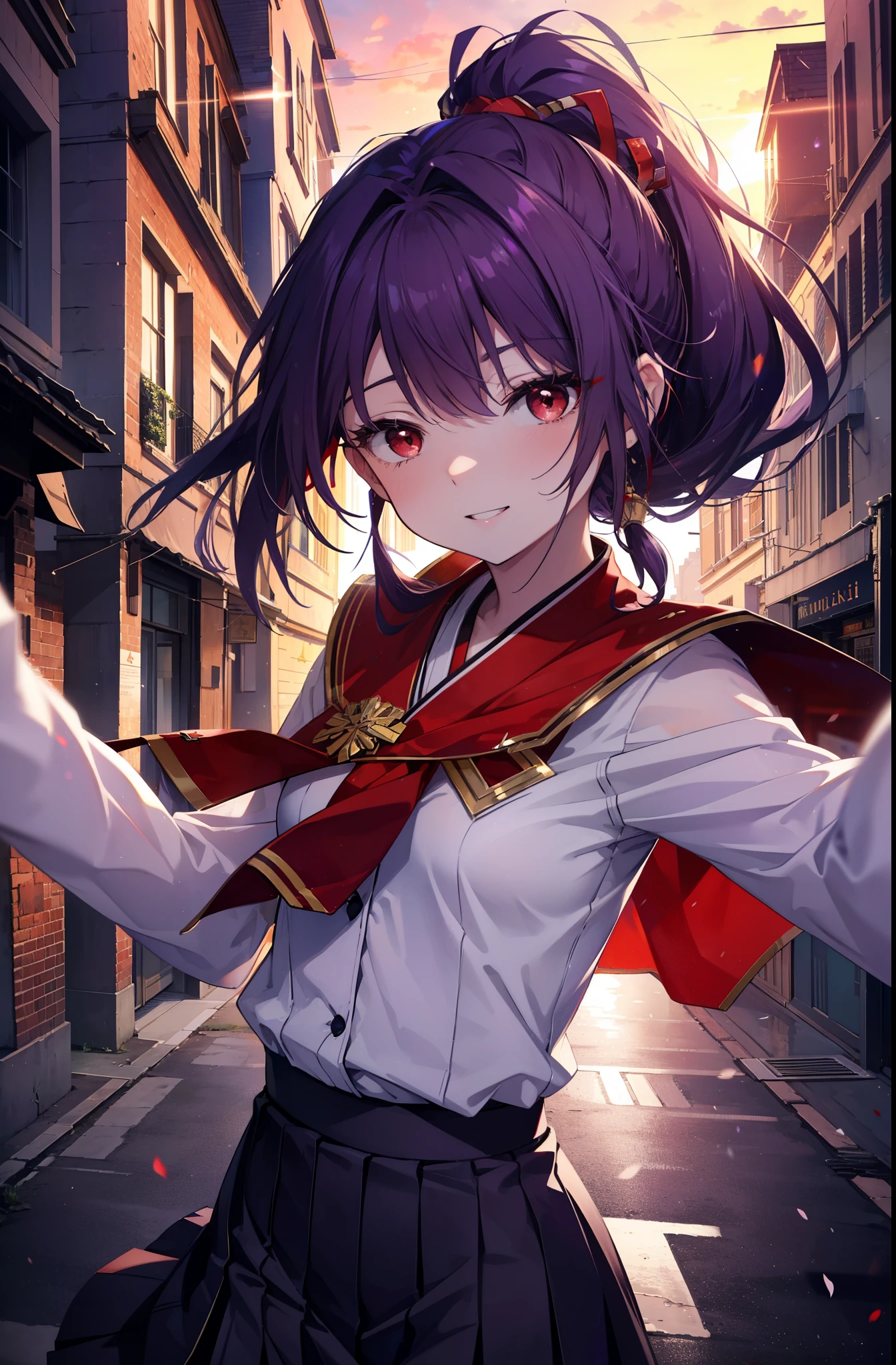 yuukikonno, Yuki Konno, hair band, long hair, pointed ears, purple hair, short braided hair,ponytail,(red eyes:1.5), (small breasts:1.2), happy smile, smile, open your mouth,White Y-shirt,purple blazer,Purple pleated skirt,white knee socks,evening,sunset,下校中
break looking at viewer, Upper body, full body,
break outdoors, In town,building street,
break (masterpiece:1.2), highest quality, High resolution, unity 8k wallpaper, (figure:0.8), (detailed and beautiful eyes:1.6), highly detailed face, perfect lighting, Very detailed CG, (perfect hands, perfect anatomy),