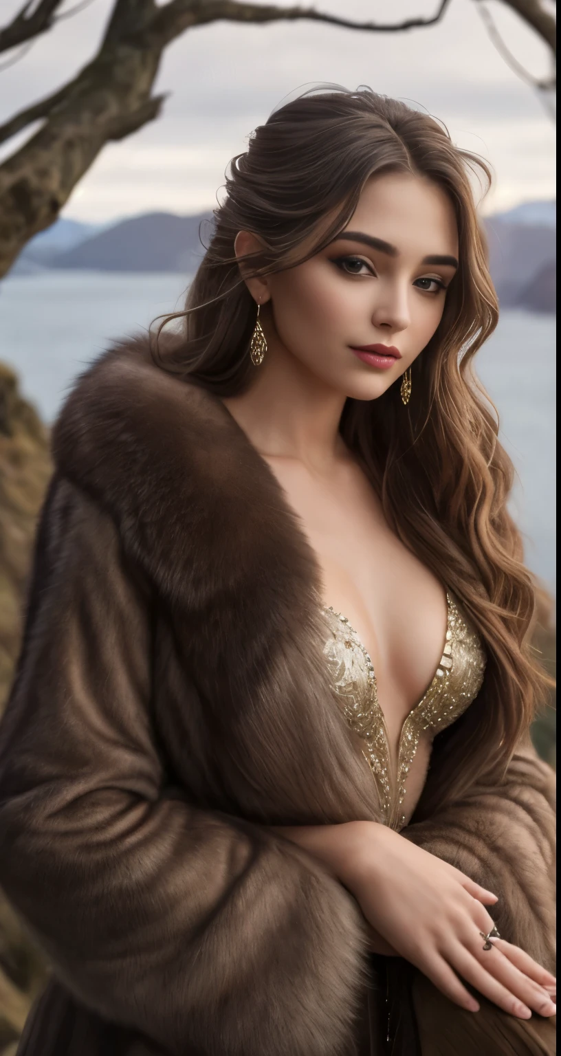 A captivating young woman poses for a sharp-focused photo in the midst of a serene cliffside setting. Dressed in an alluring fur coat, her beautiful face is adorned with intricate smokey eye makeup, bringing out the detail in her expressive, mesmerizing eyes. Luscious lips part in a slight smile, adding to her allure. The atmosphere is filled with moody lighting, creating an ethereal depth of field with prominent bokeh. Shot in 4K, this high-definition image boasts stunning HDR and rich colors, evoking a sense of mystique and enchantment. Captured by the masterful brushstrokes of James