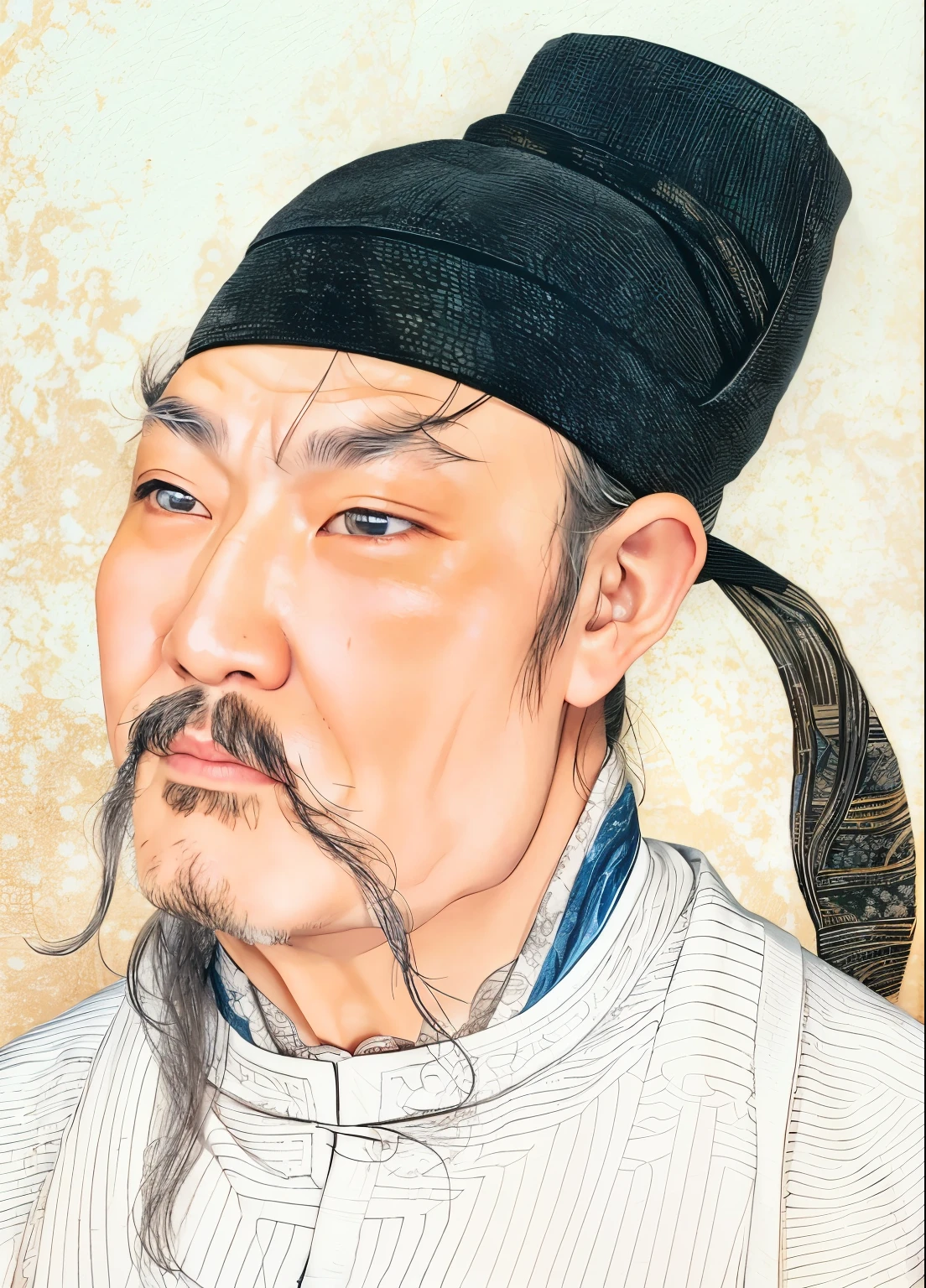 real skin，Unclog pores，photorealism，modern，Realism，true proportion，very true，1：1，（realistically：1.36），masterpiece，Ultra-detailed，Highest resolution，Close-up of a man with a long beard, Tang Dynasty velvet textured hat，Tang Dynasty hats，The corners of the eyes rise，Eyebrows raised，author：Li bai, xianxia, Tang Dynasty, Ultra-detailed，HD，16K