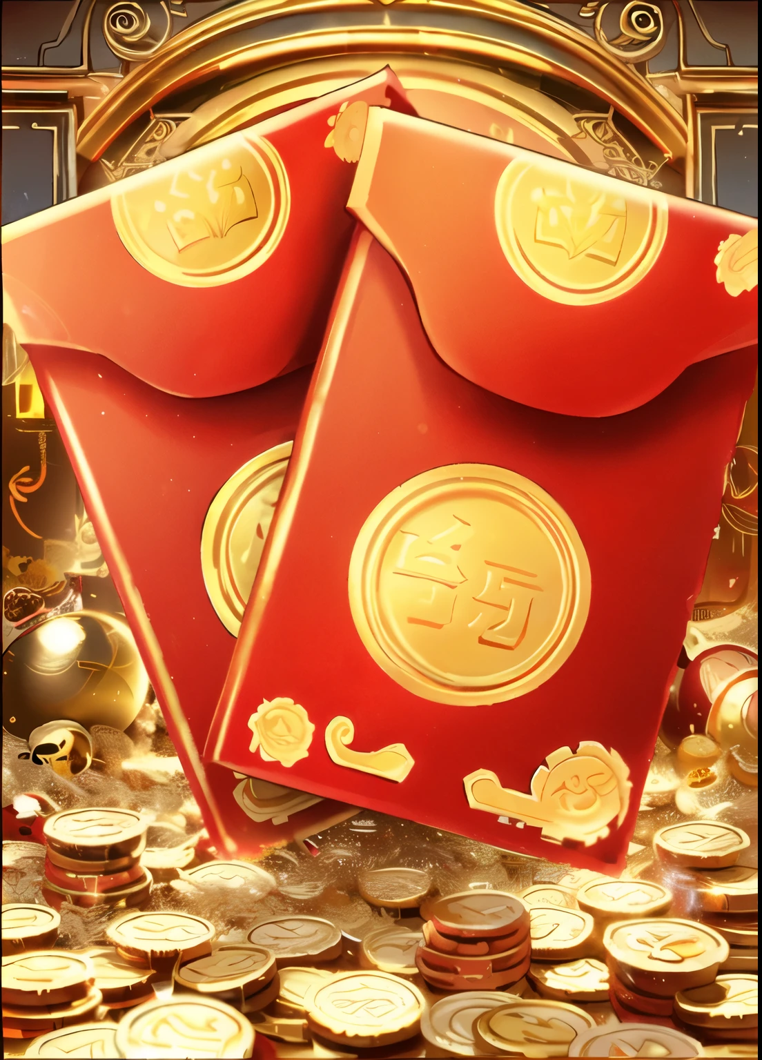 there is a red envelope with gold coins on it, gold theme, sakimi, red and gold, golden chinese text, gold and treasure, with many gold coins, golden theme, gold and red, god of wealth, realistic gold, gold, treasures of gold, 3 d icon for mobile game, chinese style, treasure background, 4 k 8 k