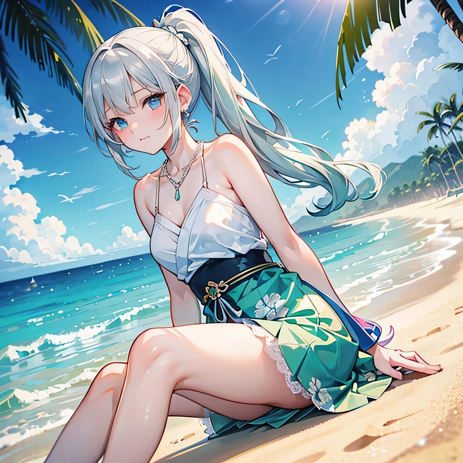 Low Angle,From below, whole body，LONG RANGE LENS((masterpiece, Maximum resolution,best quality)), (illustration), ((1 Girl,Lovely,Japanese,young,Half-length beautiful silver green hair,Side Mao Insult,Beautiful blue eyes)),(Solitary),(Elegant floral print one-piece swimsuit,mini skirt),(flat sitting on the sand),
Innocent smile, whiteWristbands, Fingerless gloves,Delicate barefoot，Leg extension lace chalk, Diamond necklace,Wristbands, Fingerless gloves, earrings, windy,movie lighting, beach, sand, Blue sky, wave, coconut tree,