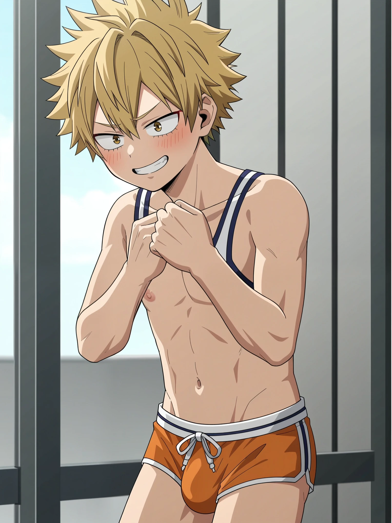 source_anime,score_9,score_8_up,screencap, anime screencap, BREAK, 1boy, shota, femboy, deku, my hero academia, mha, smug, shy embarrassed, bulge, huge erection, erection, gay, yaoi, otoko no ko, solo