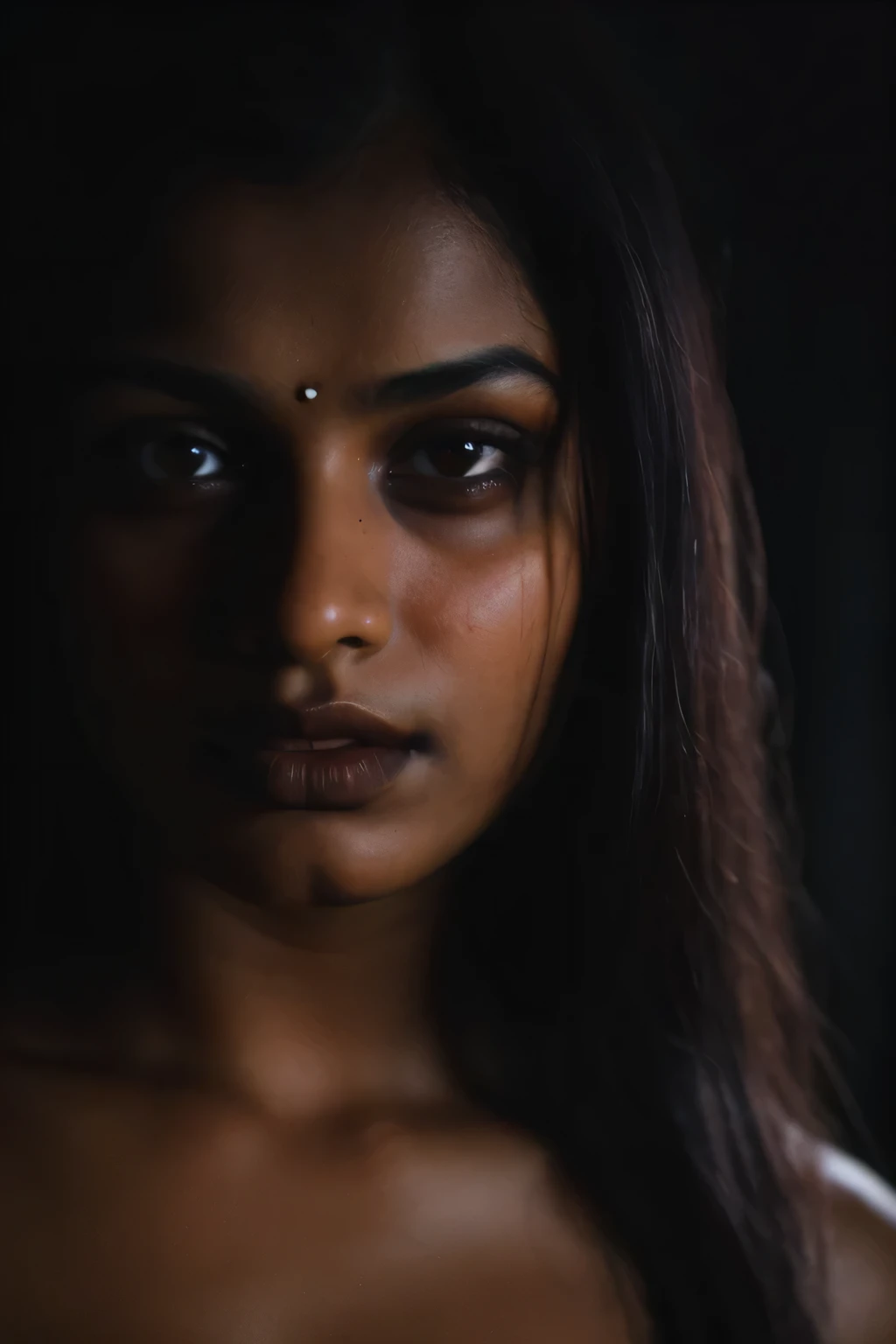 sexy, cleavage, (close-up, editorial photograph of a 21 year old Indian woman), (highly detailed face:1.4) (smile:0.7) (background inside dark, moody, private study:1.3) POV, by lee jeffries, nikon d850, film stock photograph ,4 kodak portra 400 ,camera f1.6 lens ,rich colors ,hyper realistic ,lifelike texture, dramatic lighting , cinestill 800,