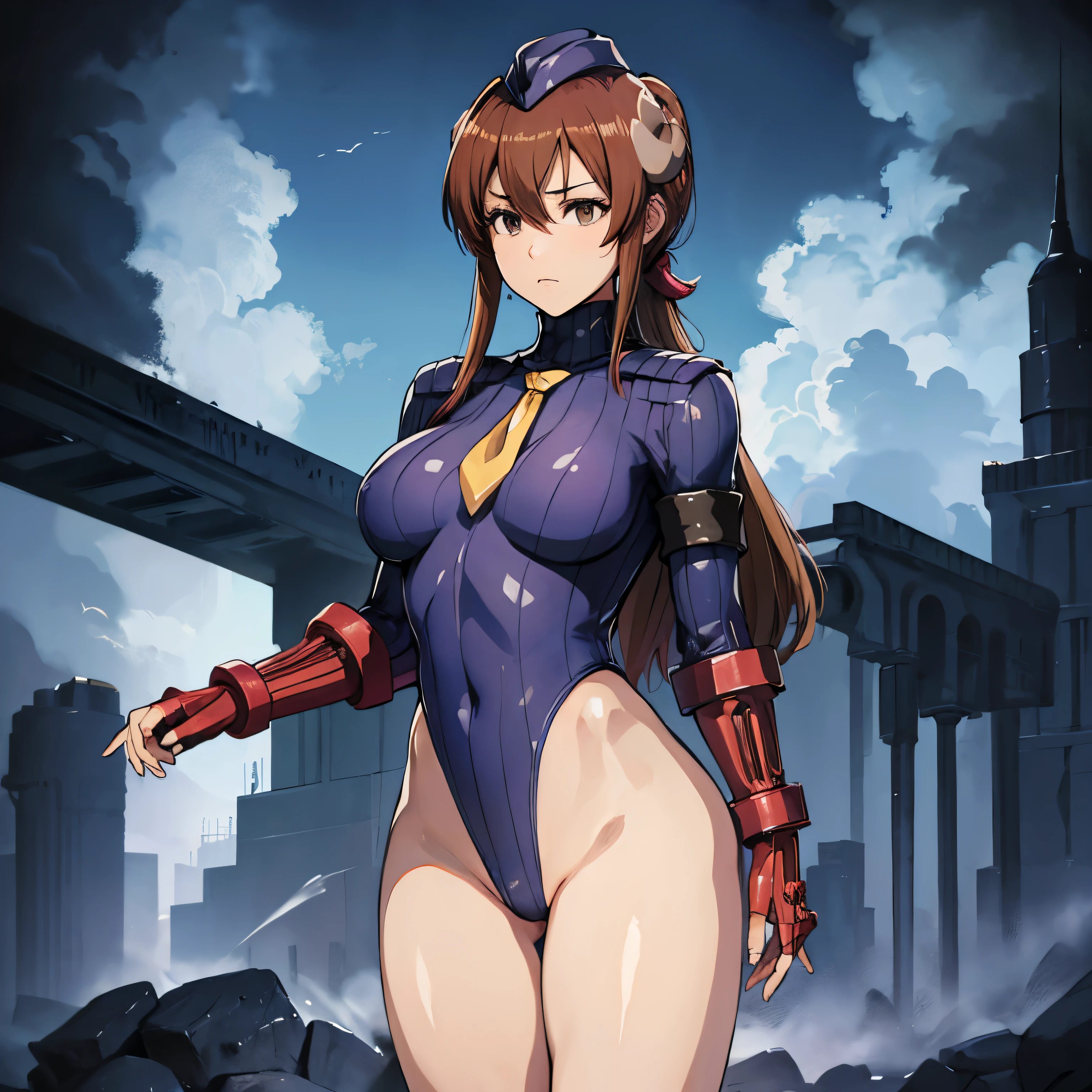 ultra-detailed, Explicit, Beautiful body, Beautiful Nose, Beautiful character design, perfect eyes, perfect face, ultra highres, 4K, beautiful legs, perfect legs, Nice hands, Perfect hand, Masterpiece, Best Quality, Highly detailed, illustration, absurdres, street fighter, doll suit, shadaloo doll, dollsuit, girls, multiple girls, expressionless, blank eyes, looking at viewer, red gloves, emotionless, black latex, corrution, mind control, female combatant, full body, hypnotized, unhappy trance, full body suit, ribbed bodysuit, both arms at side, stand up straight, obey, perfect female body, extremely glossy latex, hypnosis, hypnoLora, empty eyes, Mind control device, poses, brainwashed, submissive_pose, Slave, hat, necktie, stand up straight, standing, standing at attention, belt, latex, garter belt, thighhighs, Yoshida Yuuko, Shamiko, Machikado Mazoku, horn, brown hair, long hair,