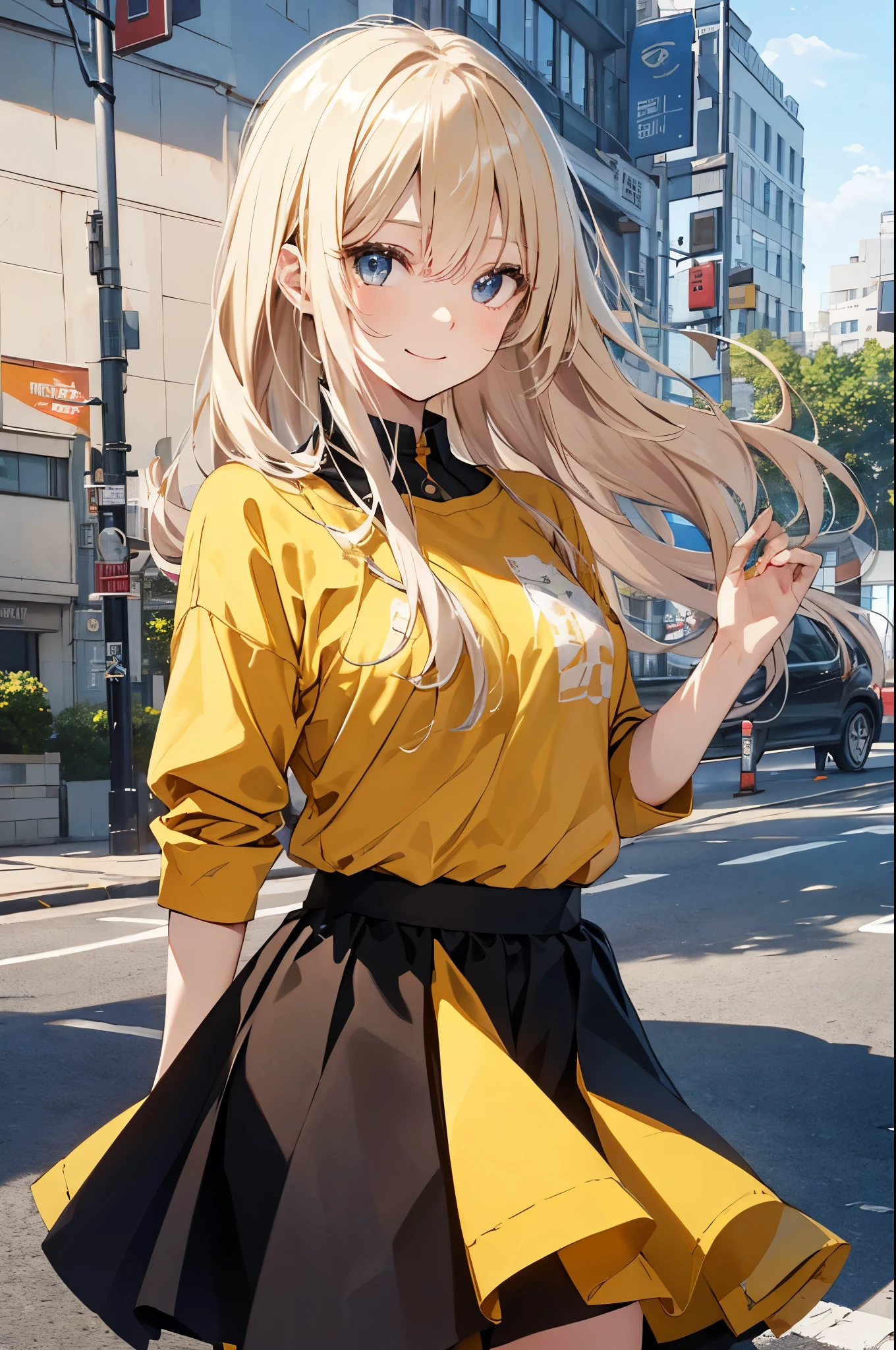 （Pretty sister:1.3）、long eyelashes、happy face,spring atmosphere、evening、aggressive、hot、((strong wind))、black skirt、shining eyes、yellow Y shirt、company、blonde