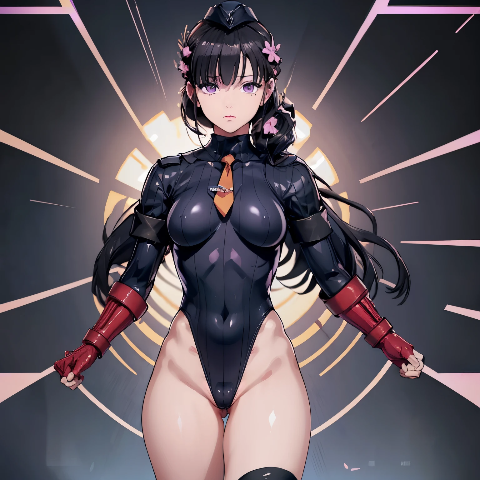 ultra-detailed, Explicit, Beautiful body, Beautiful Nose, Beautiful character design, perfect eyes, perfect face, ultra highres, 4K, beautiful legs, perfect legs, Nice hands, Perfect hand, Masterpiece, Best Quality, Highly detailed, illustration, absurdres, perfect anatomy, street fighter, doll suit, shadaloo doll, dollsuit, expressionless, blank eyes, looking at viewer, red gloves, emotionless, black latex, corruption, mind control, female combatant, full body, hypnotized, unhappy trance, full body suit, ribbed bodysuit, both arms at side, obey, perfect female body, extremely glossy latex, hypnosis, hypnoLora, empty eyes, Mind control device, poses, submissive_pose, Slave, standing straight, standing, standing at attention, hat, necktie, belt, latex, ribbed bodysuit, thigh Highs, garter belt, Fighting Stance, extending the right arm from the shoulder into the air with a straightened hand, military, thigh boots, black pantyhose, (((pixel-perfect, detail-perfect))), solo, 1girl, hair ornaments, miyo, MIYOSAIMORI, 1GIRL, SOLO, BANGS, BRAID, FLOWER, HAIR FLOWER, mole, mole under eye, Long hair, hair over shoulder, black hair, purple eyes, apocalyptic background