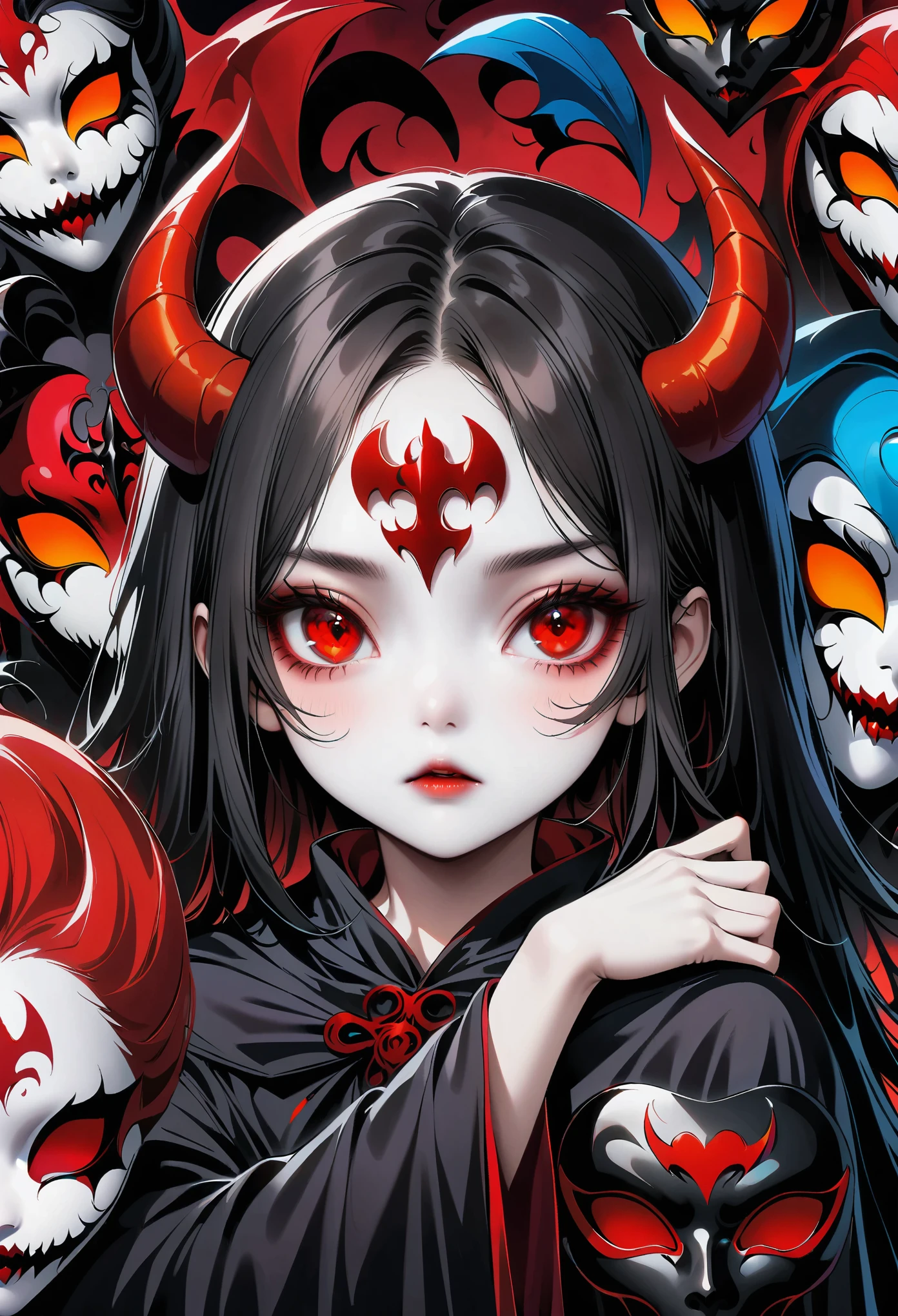 A cute little demon girl with red eyes and horns, wearing an ancient robe made of black fabric, surrounded by many other small devil faces, depicted in the style of pop art with large heads and slim bodies, using bold colors and exaggerated features to create a cartoonish appearance. The background is dark and of high resolution, detail, and quality.
