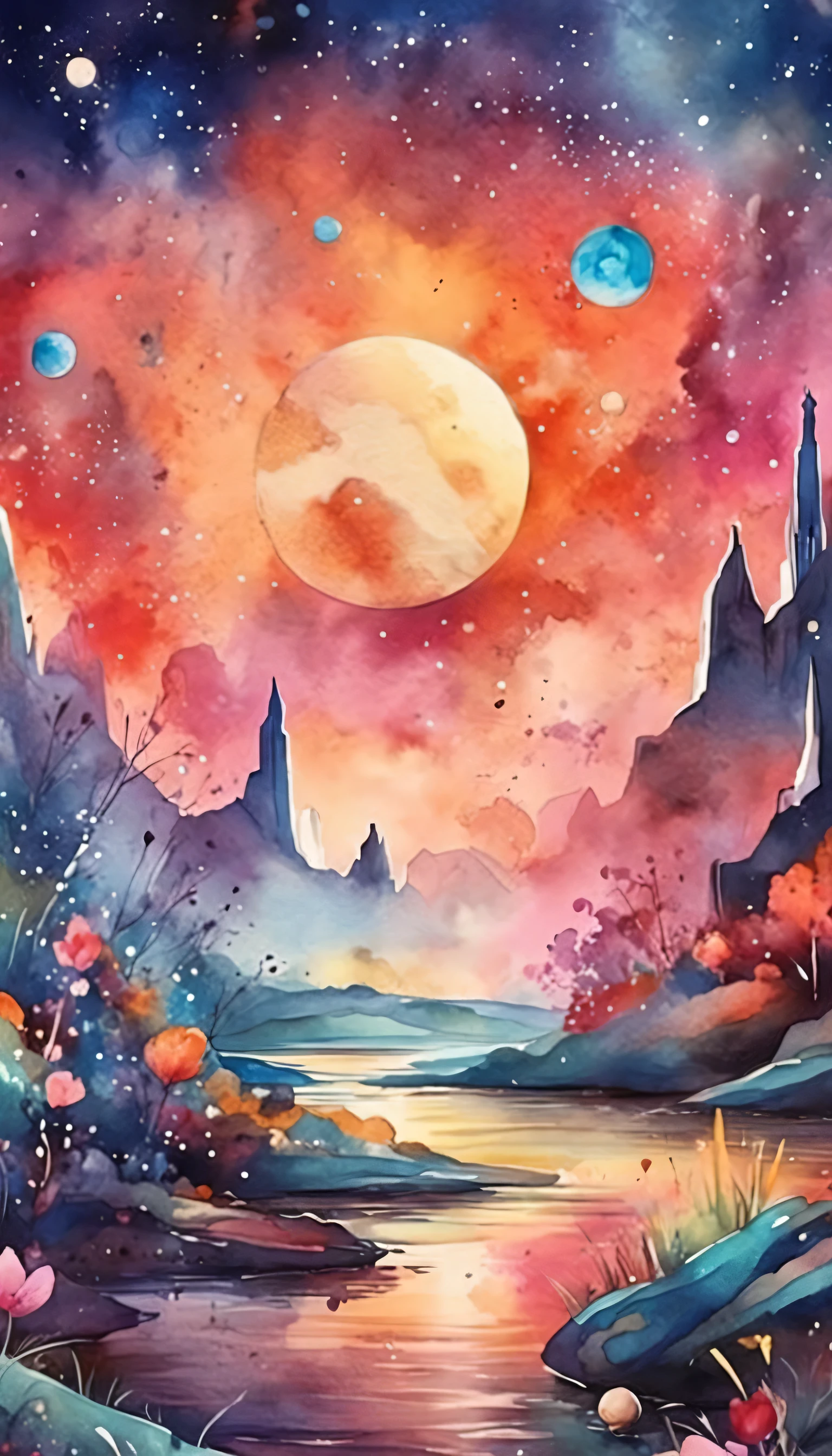 Colorful futuristic space illustration,There's a planet in the middle, a beautiful artwork illustration