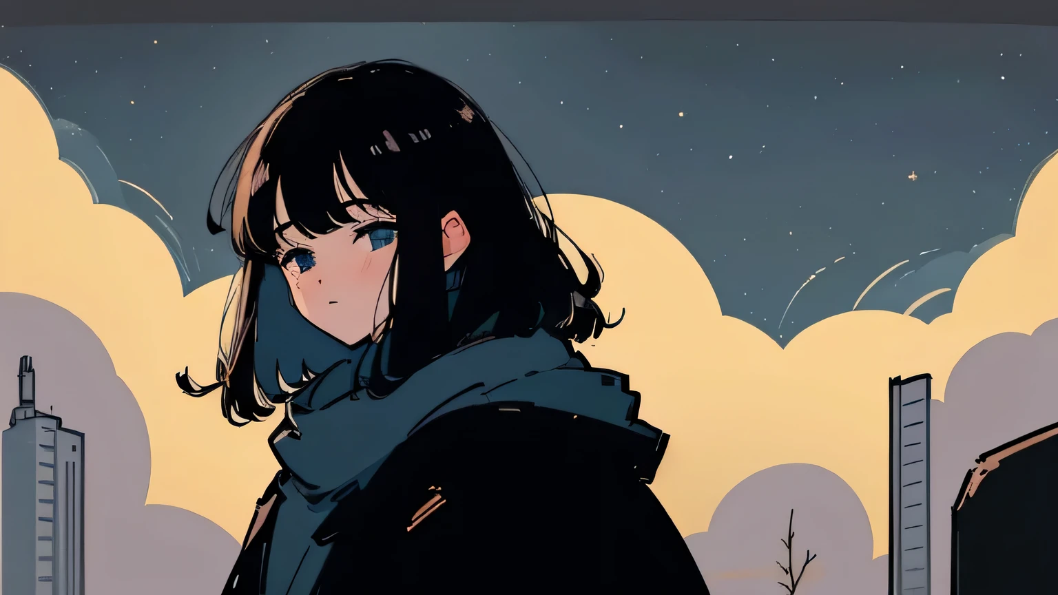 Close-up of a 20-year-old black-haired woman、Being Calm、gentle light、black background、Coffee、head shot、Lo-Fi Illustration、a relaxing sight、starry sky、Countless stars、night view、Scarf、hoodie