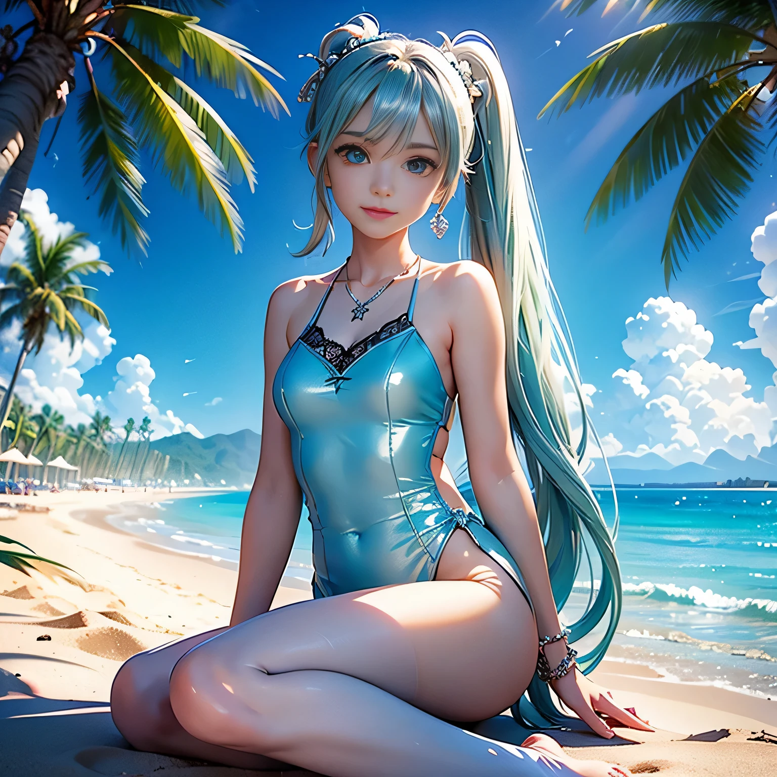 low angle,from below, ((masterpiece, highest resolution,best quality)), (illustration), ((1girl,cute,japanese,young,semi long beautiful silver green hair,side ponytail,beautiful blue eyes)),(solo),(white elegant one piece swimsuit),(flat sitting on the sand),
innocent smile, white over-kneehighs,Lace chalker, wristband, fingerless gloves, over-kneehighs,
Lace chalker, diamond necklace,wristband, fingerless gloves, earrings, windy,cinematic lighting, beach, sand, blue sky, waves, coconut tree,