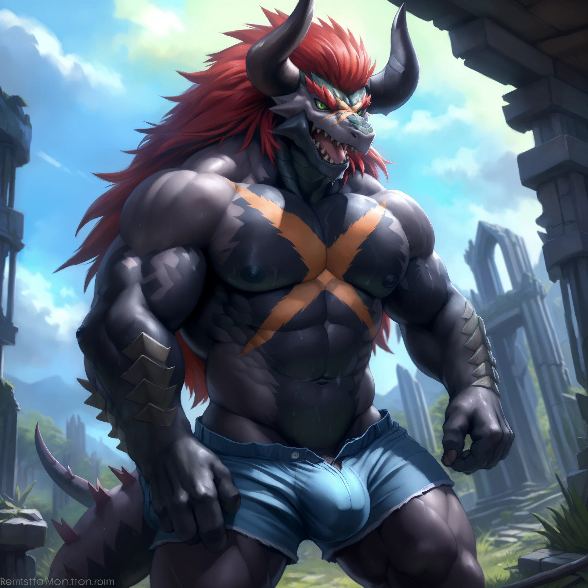 solo, breath (ultra detailed), a beautiful and detailed full size portrait of a male anthro batzz, demon lord dragon batzz, dragon tail, green eyes, glowing eyes, black body, black skin, long hair, red hair, horns, scar, tail, bedroom eyes, detailed eyes, big body, sexy body, (wide body). goddess, kenket, Ross Tran,ruan jia, trending on artstation,foxovh, cenematic lighting, front view, buff, big pecs, muscular anthro, spike arms, strong legs, ((big pecs, nipples, big pecs, blue shorts, bulge))), day, wet, front view, standing, cum in butt, seductive, ruins, sweating, open mouth, shorts down, penis, angry
