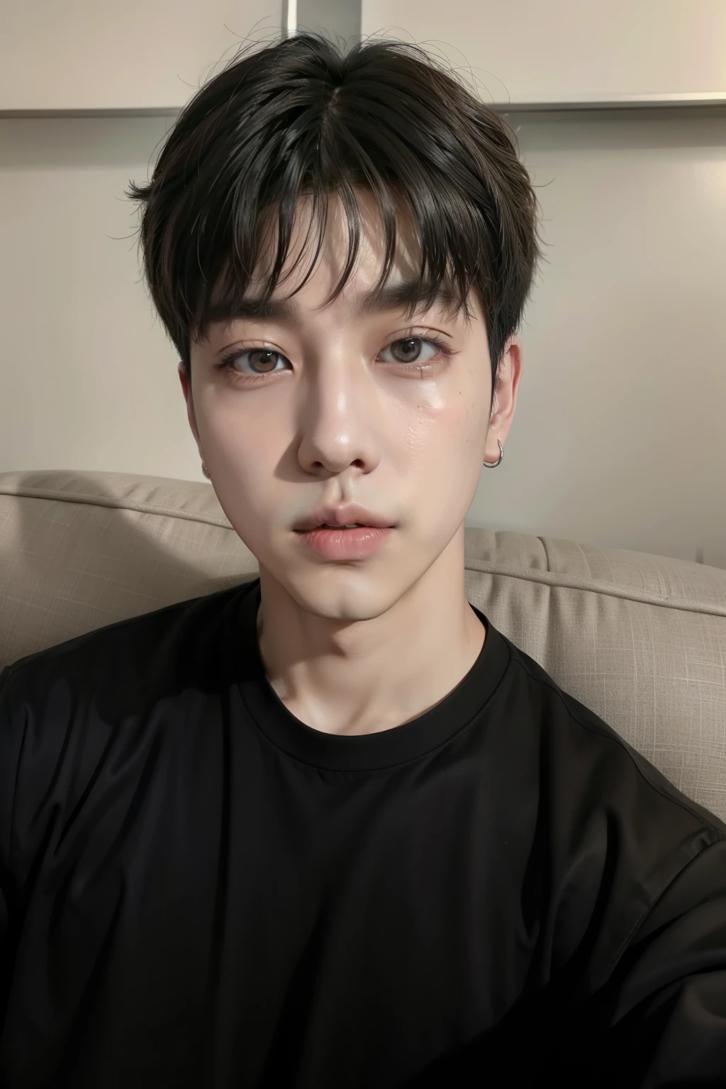 there is a man sitting on a sofa with a cell phone, Jimin\the right eyelid is swollen, hyung tae, taejune kim, Jungkook, Kim Doyoung, park Jimin, Jimin\the full lips, Hong junho hyung, Shin Jeongho, hyung tae kim, brilhante da chuva, Jimin\o nariz grego, cai xukun, Jungkook bts