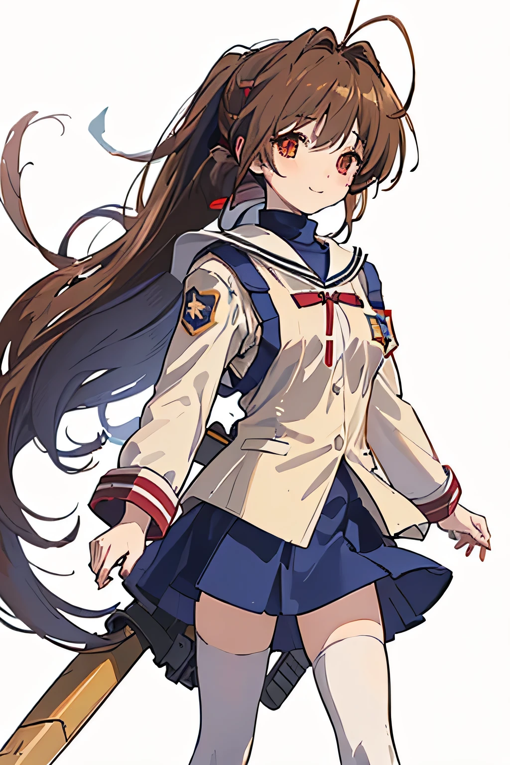 (masterpiece, high quality, best work, highest quality picture, ultra detailed, ((ultra detail face and eyes)), detailed finger), (whole body, full length, anime girl, anime character are STANDING, don't have weapons), ((long hair, black hair, ponytail, OCHRE uniform, light brown uniform, the clothing's color is ochle(light brown), simple clothing, zettai ryouiki, white legwear, lushly bearded, red eyes, dark blue neck warmer, winter uniform, red ribbon at the breast)), white background, monochrome background, see here, smile, (((CLANNAD, CLANNAD uniform))), (1girl, one person)