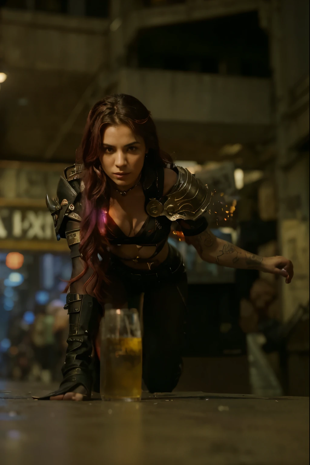 (Best quality, 8k, 32k, Masterpiece, UHD:1.2), (Best quality, 8k, 32k, Masterpiece, UHD:1.2), "Generate an image depicting the gritty cityscape of Noxus, drawing inspiration from the 'Arcane' animated show where science fiction technology intersects with magic. Show the city's towering skyscrapers juxtaposed against ancient, crumbling architecture, reflecting the clash between progress and tradition.

Incorporate elements of advanced technology seamlessly integrated with magical constructs, such as holographic displays powered by arcane energy, hovering vehicles propelled by magical propulsion systems, and neon lights glowing with ethereal energy.

Capture the bustling activity of the city streets, with crowds of diverse inhabitants moving through narrow alleys and bustling marketplaces. Show glimpses of everyday life in Noxus, from merchants hawking their wares to criminals lurking in the shadows, evoking the sense of a city teeming with both opportunity and danger.

Highlight the influence of powerful factions within Noxus, such as the ruling Trifarix and the enigmatic Black Rose, with imposing structures and symbols of authority scattered throughout the city. Include subtle nods to the lore of League of Legends, such as references to iconic champions or factions woven into graffiti and street art.

Use a bold color palette to convey the gritty and vibrant atmosphere of Noxus, with deep shades of red, purple, and black dominating the scene. Enhance the sense of dynamism and energy with dramatic lighting effects, casting long shadows and illuminating the cityscape with bursts of magical energy.

Ensure that the image captures the unique blend of science fiction and fantasy that defines Noxus in the 'Arcane' universe, inviting viewers to explore the rich tapestry of lore and intrigue that surrounds this iconic city."