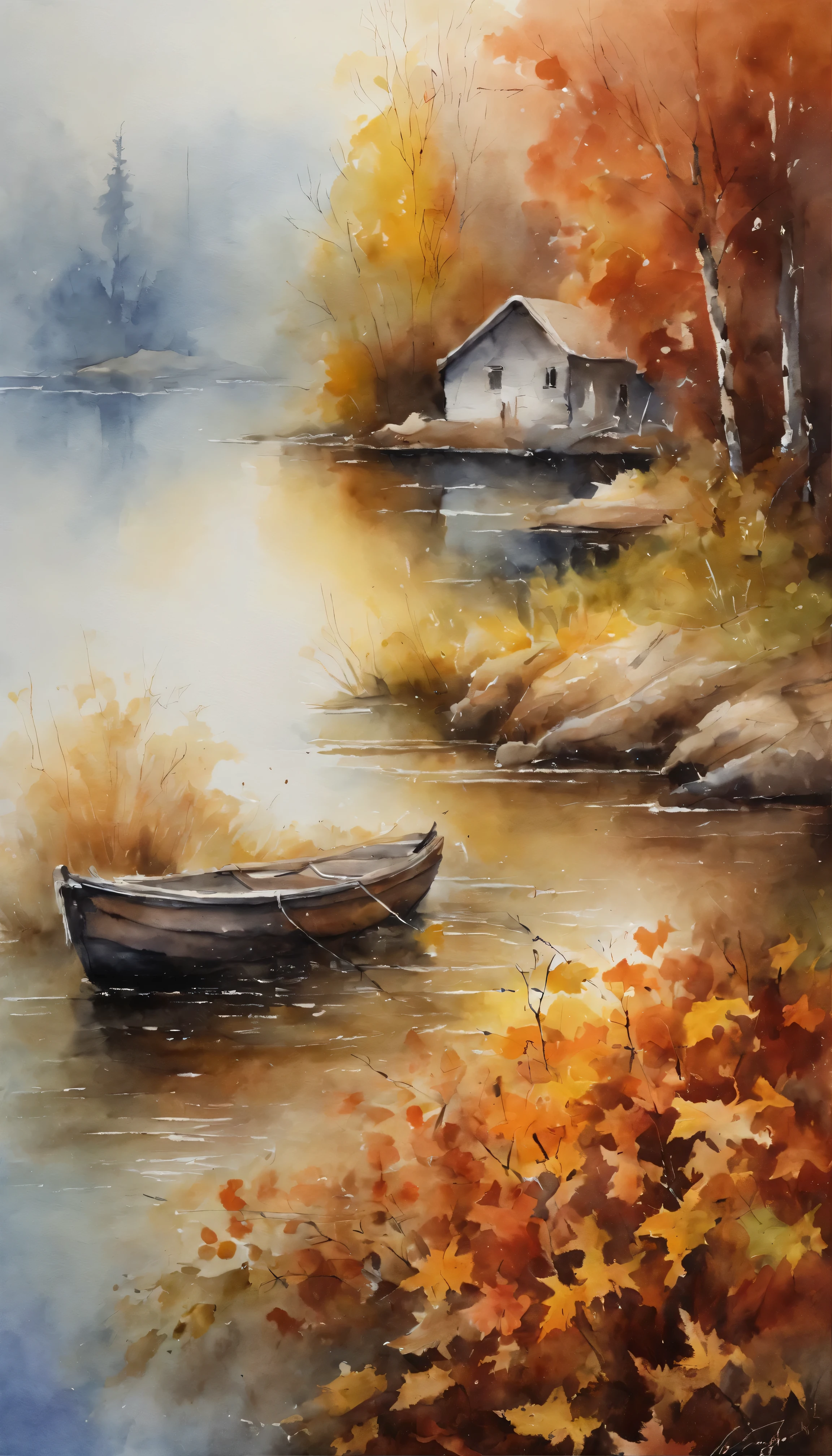 tmasterpiece, top-quality, high detal, Impressionism, Autumn morning, Cruise along the lake in the morning mist, haze, Cinematic light,