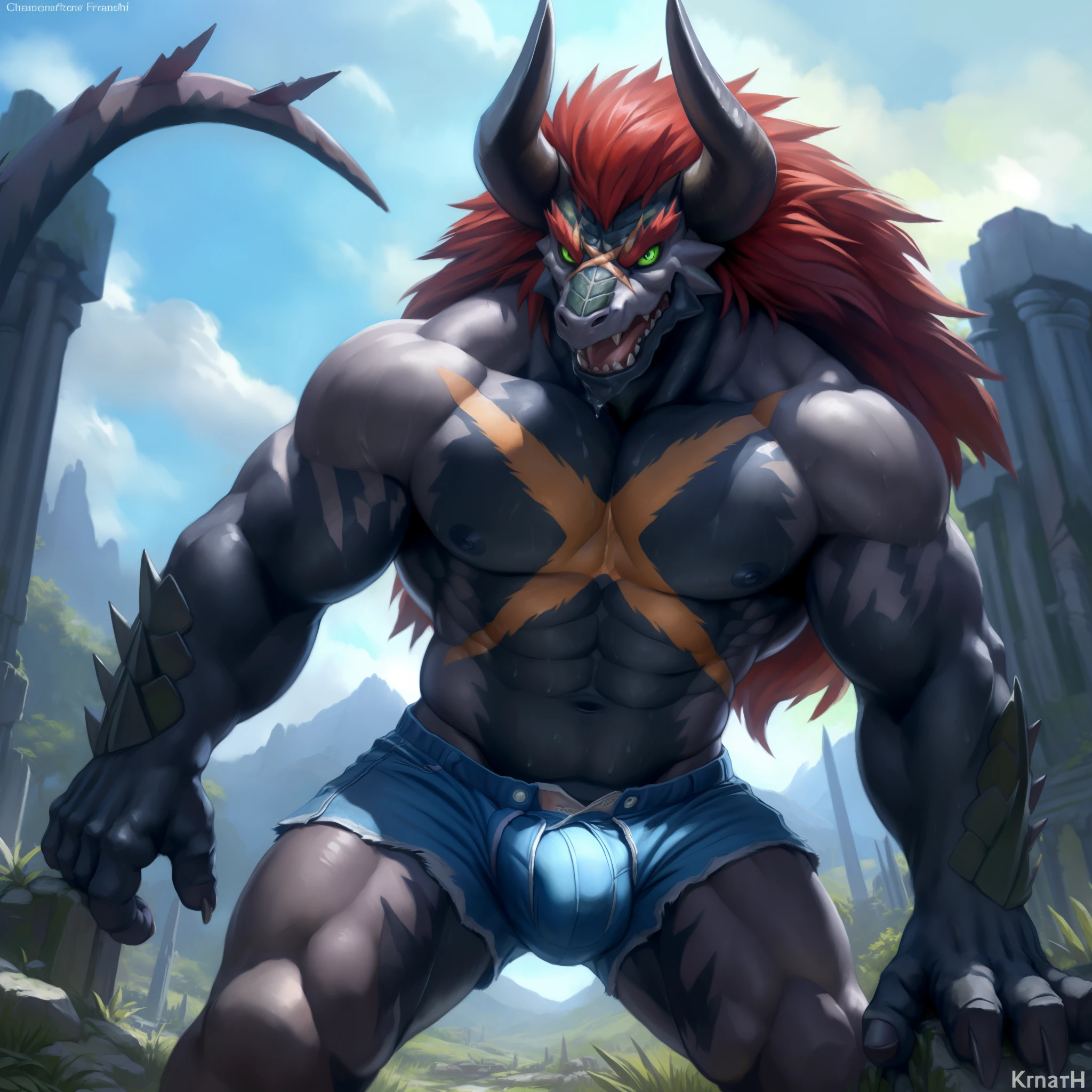 solo, breath (ultra detailed), a beautiful and detailed full size portrait of a male anthro batzz, demon lord dragon batzz, dragon tail, green eyes, glowing eyes, black body, black skin, long hair, red hair, horns, scar, tail, bedroom eyes, detailed eyes, big body, sexy body, (wide body). goddess, kenket, Ross Tran,ruan jia, trending on artstation,foxovh, cenematic lighting, front view, buff, big pecs, muscular anthro, spike arms, strong legs, ((big pecs, nipples, big pecs, blue shorts, bulge))), day, wet, rear view, bend over, all fours, cum in butt, seductive, ruins, sweating, open mouth, shorts down, penis, angry