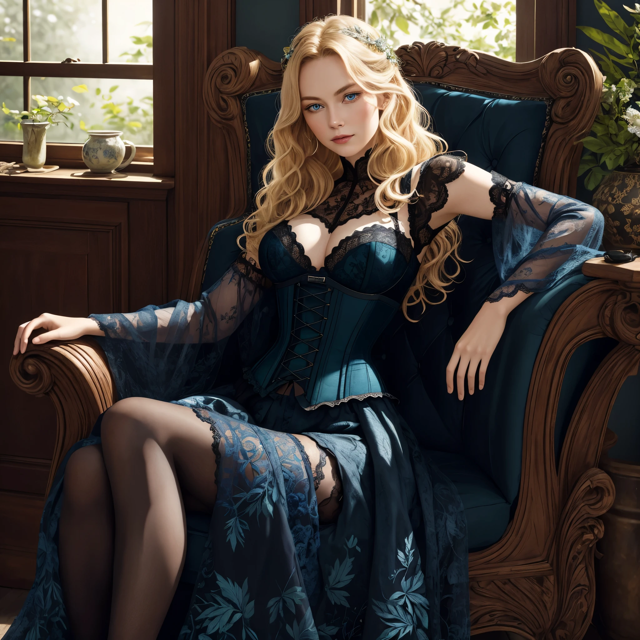 Digital portrait of a woman looking at the viewer with a renaissance aura, reclining gracefully, with wavy blonde hair and expressive blue eyes. She wears a black corset with detailed foliage and laces, paired with sheer sleeves adorned with black lace. The setting is a classic and opulent interior, with carved dark wood furniture, next to a window that emanates soft natural light, illuminating her figure and adding depth to the scene. The expression is contemplative, reflecting a mix of elegance and introspective thought.