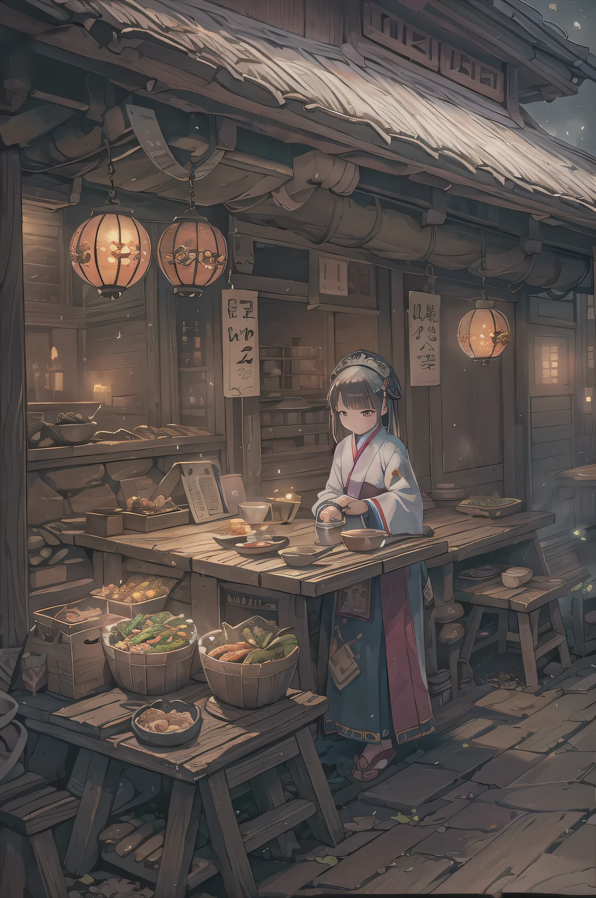 (masterpiece), best quality, very detailed, fantasy art, Oriental traditional restaurant, Korean traditional restaurant atmosphere, Indoor food stall atmosphere, Old atmosphere from the 1600s, Shown only as background, no people, Lighting in a dark atmosphere in the middle of the night,