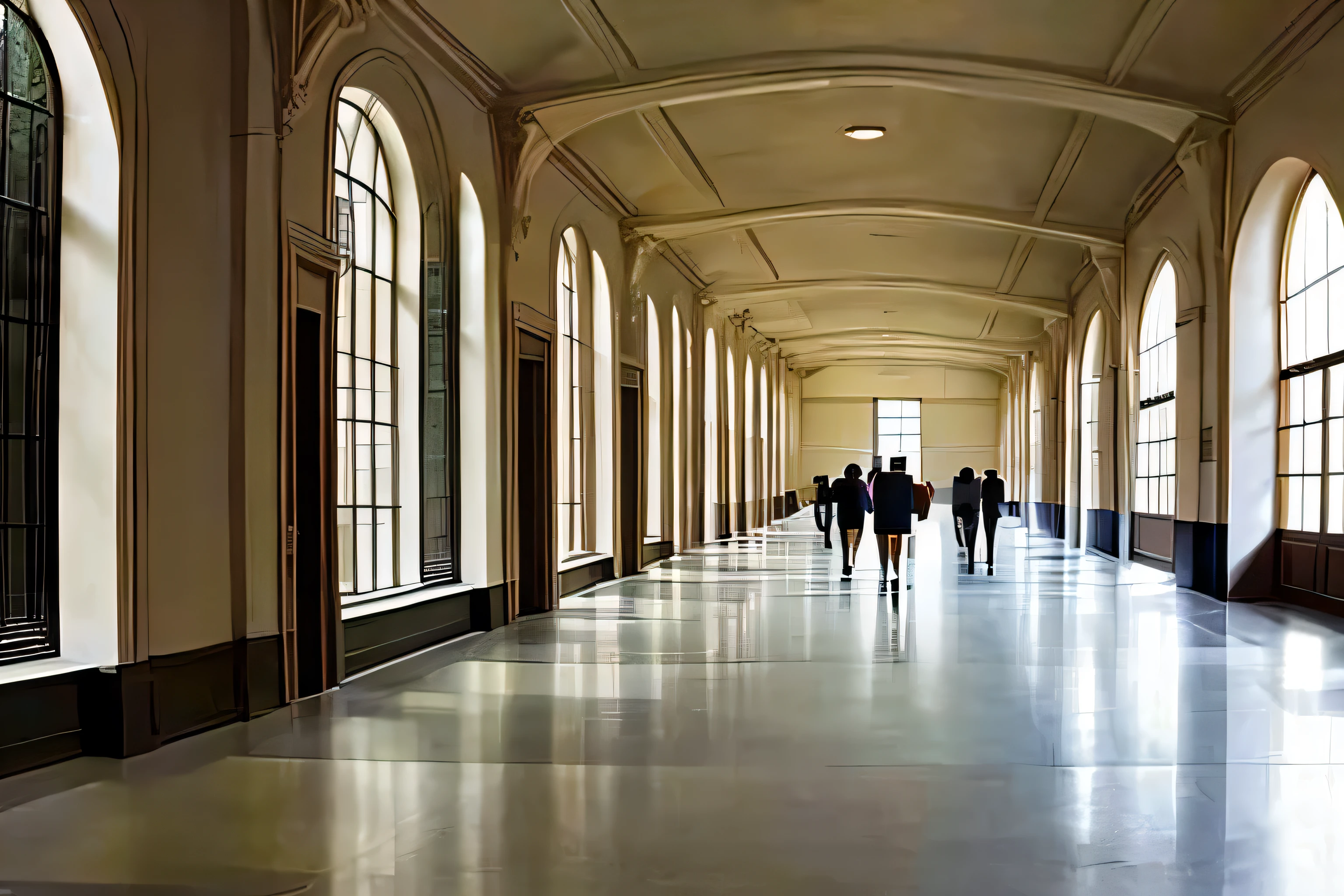a school hallway, with an entrance to a lecture hall, with a number of students milling about