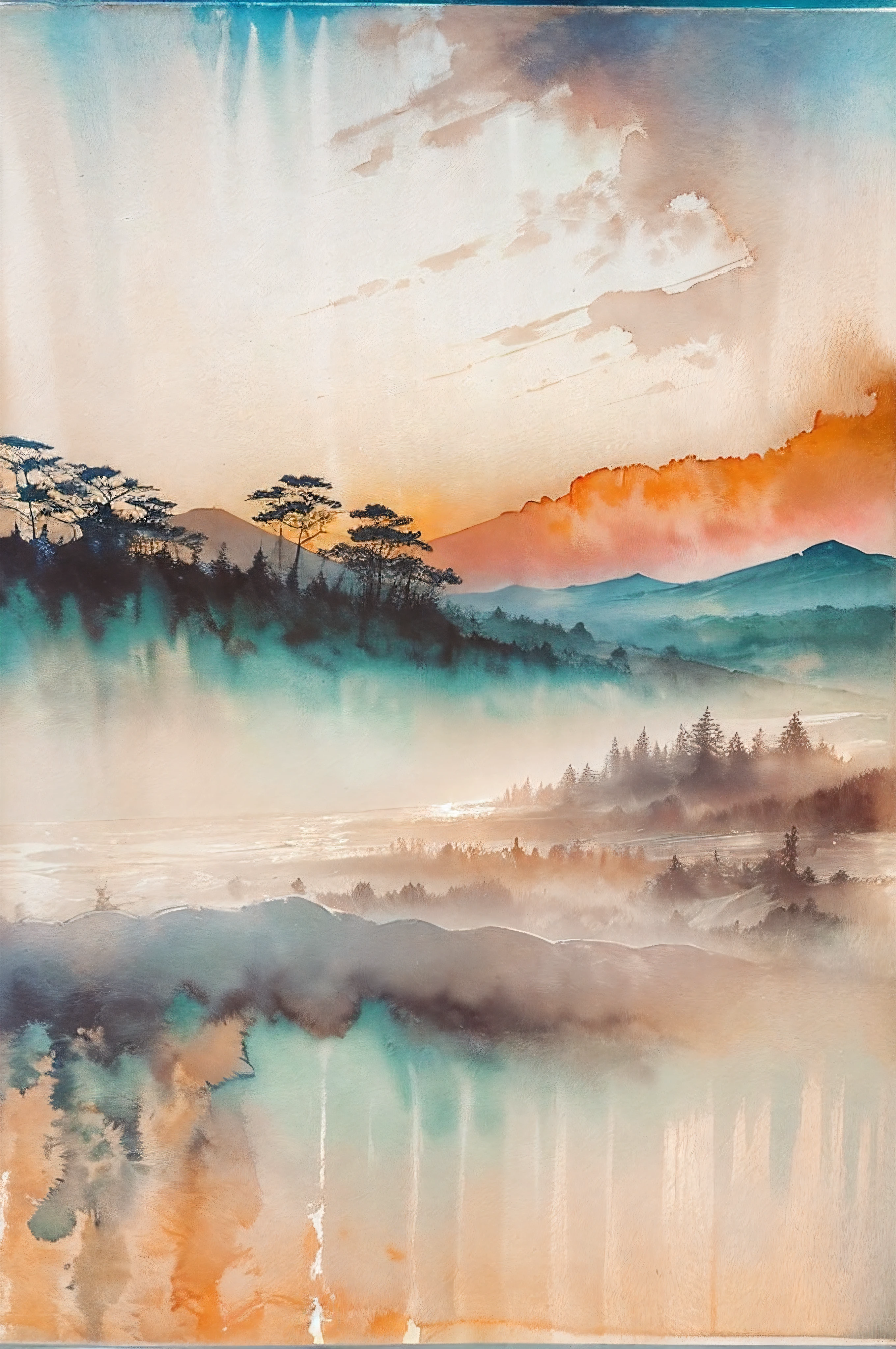 (distant view) (horizon composition) Soft light, like the glow of a rainbow, falls from high in the sky. The countryside is expressed in shadows. (Ink on Japanese paper, which tends to bleed easily)(contemporary art like a picture book) (transparent watercolor) (light itself expressed as real) (layers of soft, rich colors) (shades of paint dissolved thinly with water) (deep, delicate colors)