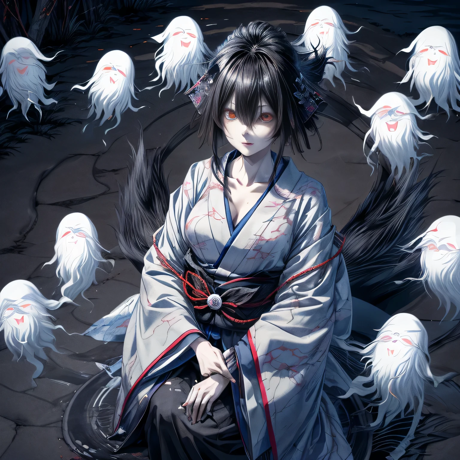 Havoc, Lots of yokai,(((Hundreds of Ghosts at Night))), 8K,(((A black-haired Yukionna in the center)))