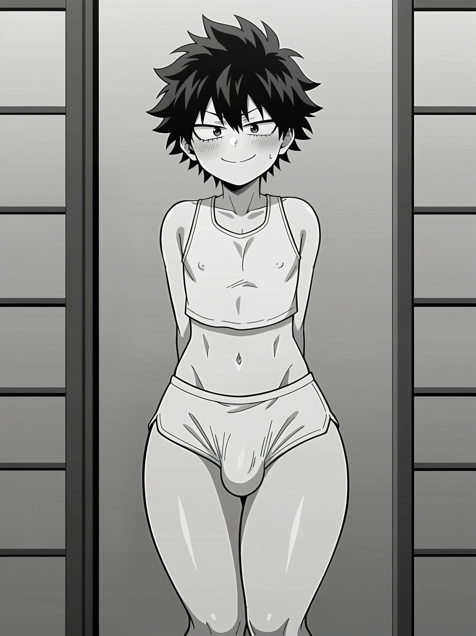 source_anime,score_9,score_8_up,screencap, anime screencap, BREAK, 1boy, shota, femboy, deku, my hero academia, mha, smug, shy embarrassed, bulge, huge erection, erection, gay, yaoi, otoko no ko, solo, crop top, exposed thighs, thick thighs