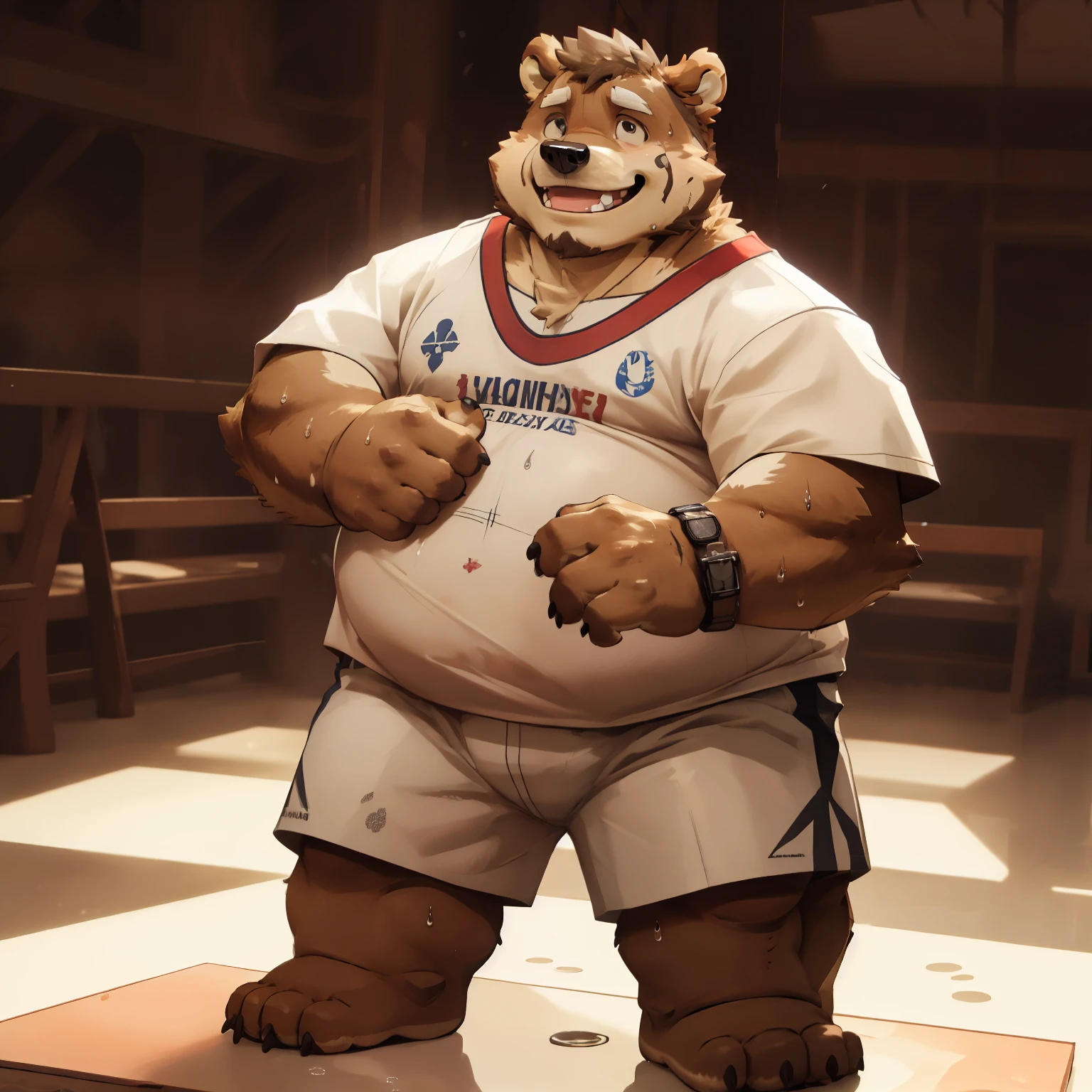 New Jersey 5 Hairy, Bear，full body portrait, male,exquisite， chubby，thick arms，plush fur，front，stand，Red striped short-sleeved shirt，white shorts，sweating，Smile