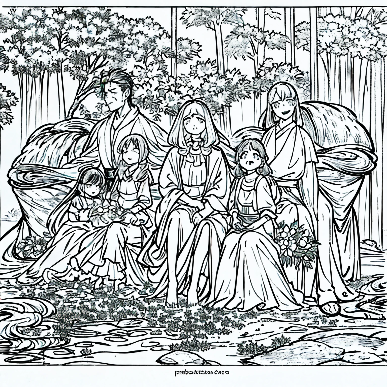 Generate this scene into a drawing: After some time, Sapigao and his family moved down to the village where he saw a virgin forest with abundant water, very fertile soil and plenty of wild life. They noticed a wild plant abundant in the place with long wide leaves, with stick-like stem that bears fruit from its roots and other varieties bears fruits from its tip and it can be eaten raw. These plants served as their food until the couple were blessed with six (6) children namely: Jose, Placido, Toladio, Genia, Coldona and Manay.
